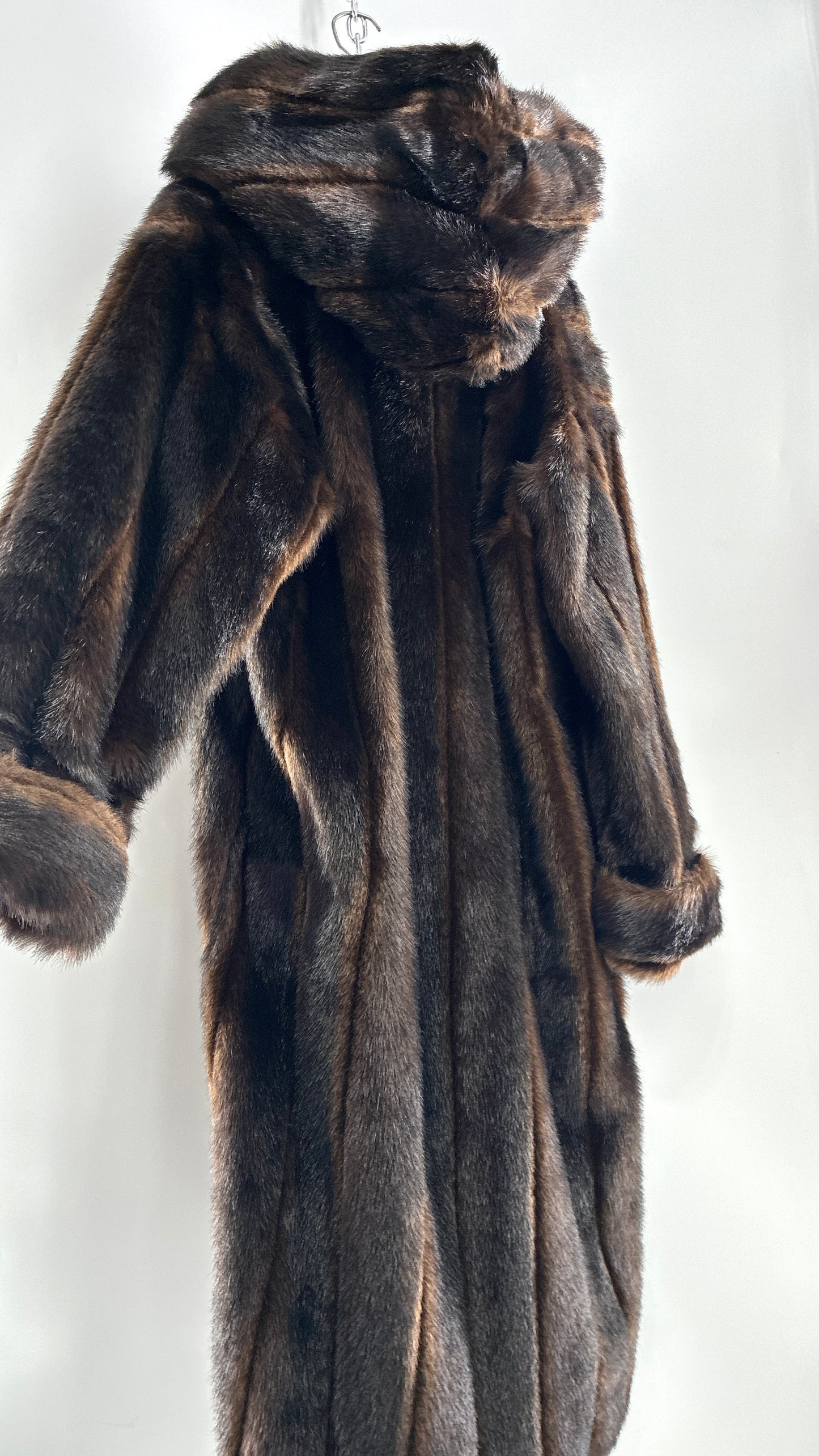 Vintage TALLY HO Hooded and Paneled, Vegan Fur Full Length Coat (Medium)