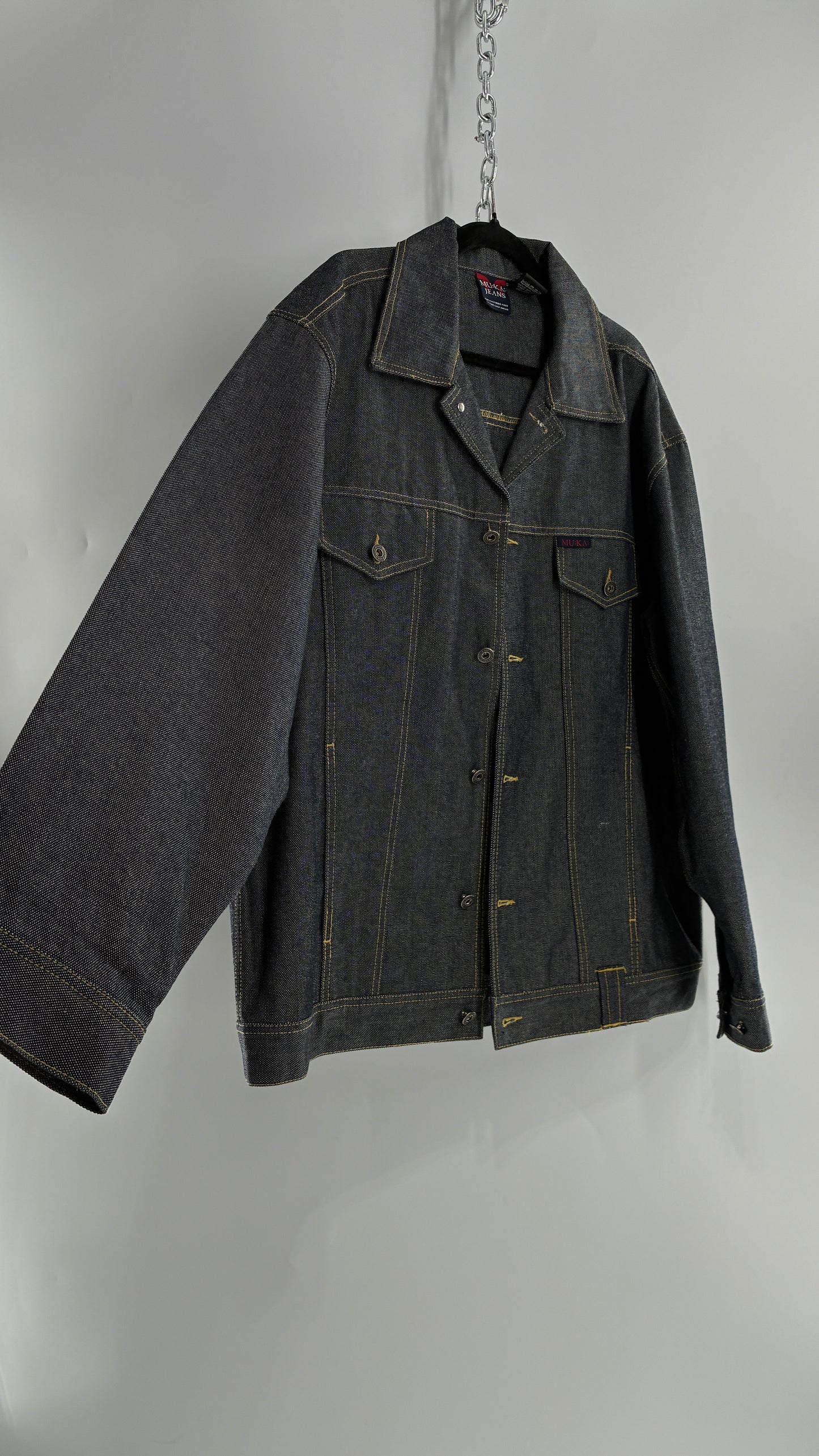 Vintage 1990s MU:KA: JEANS Men’s Dark Wash Japanese Style Denim Baggy Straight Legs and Oversized Jacket Set (L, 32x32)