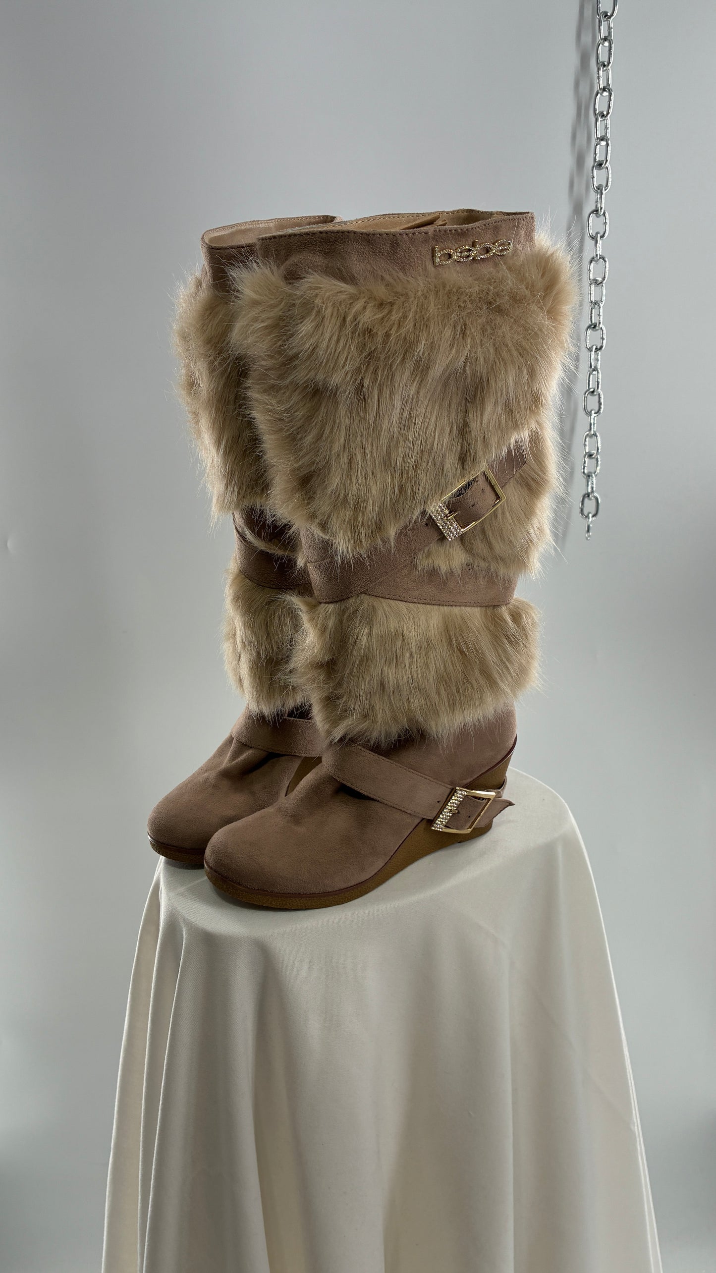 Vintage BEBE Wedge Heel Knee High Vegan Fur, Strappy Boots (6)