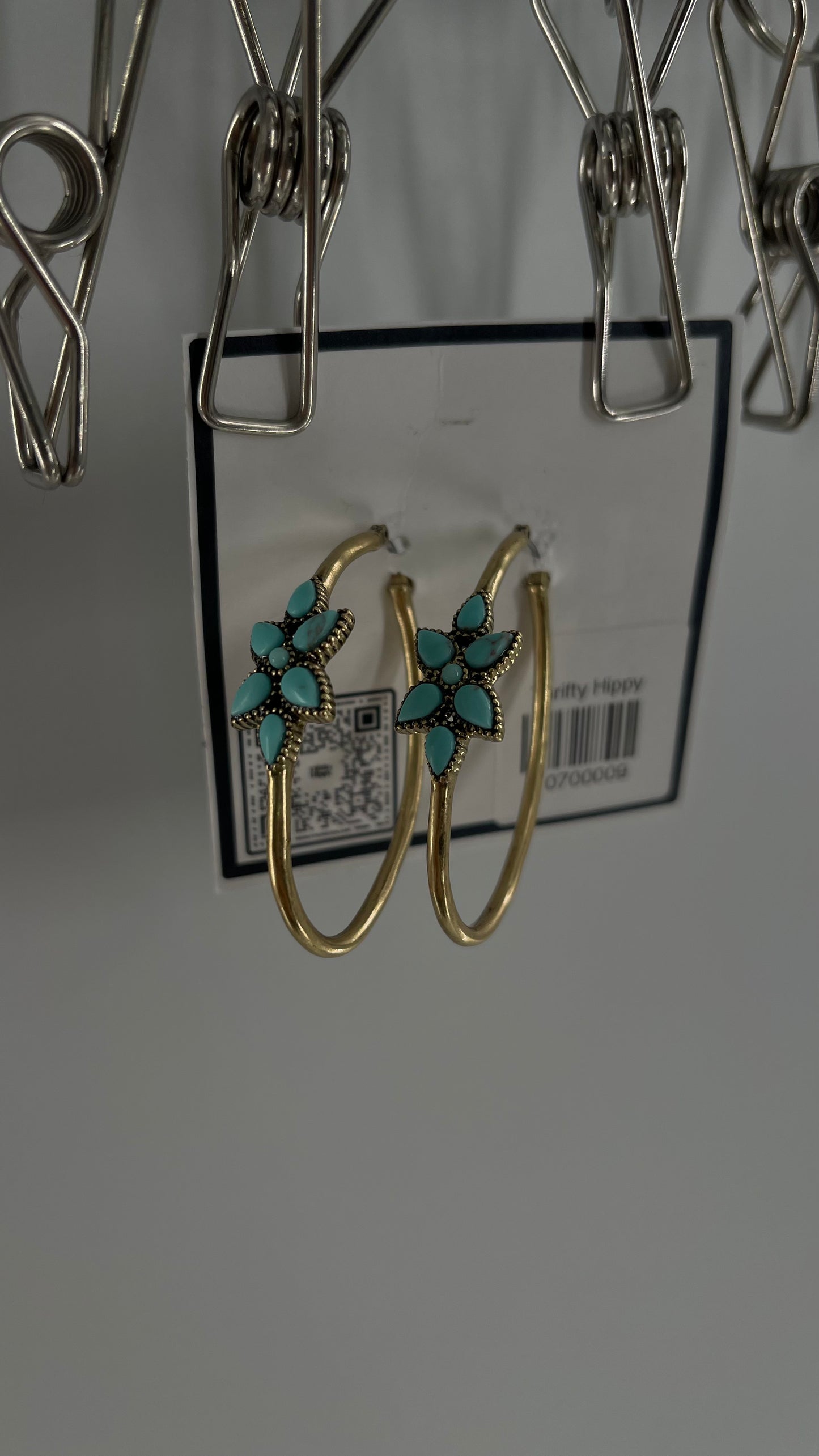 Free People Gold Metal Hoop Earring with Turquoise Stones