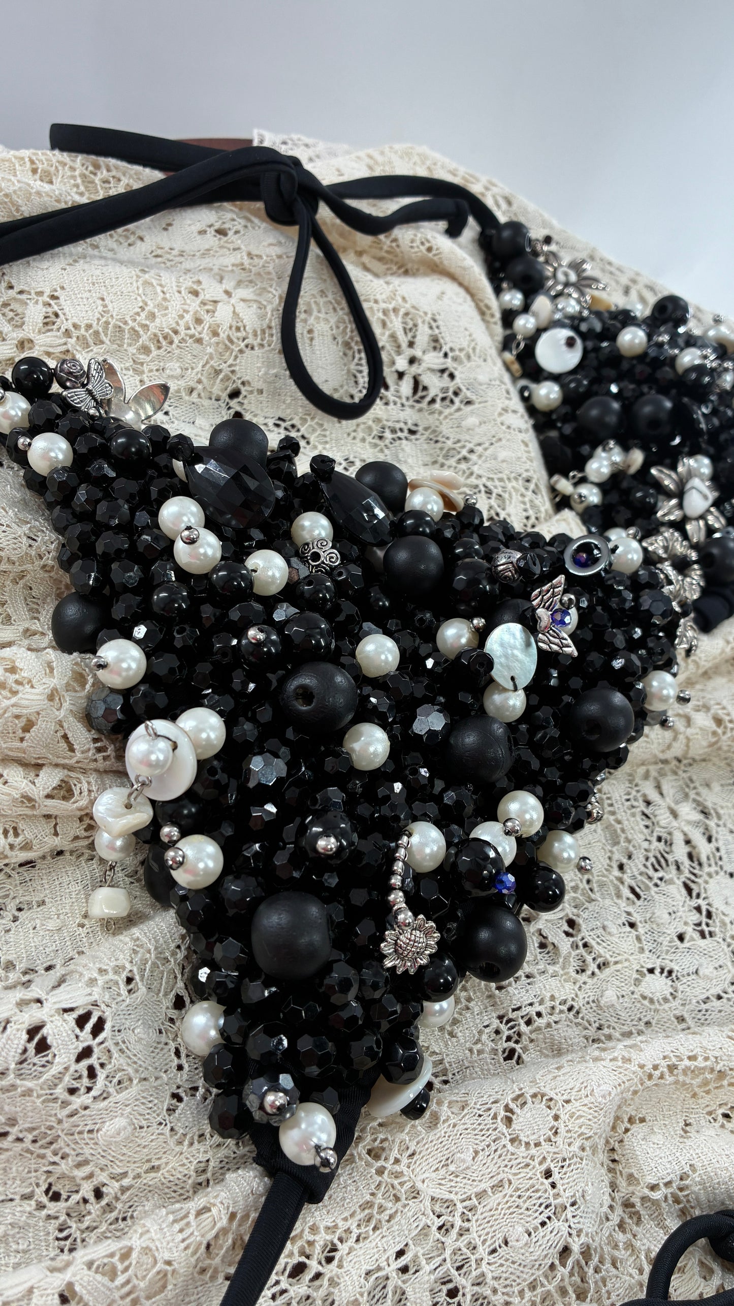 CUSTOM 1/1 Black Swimsuit Covered in Hand Placed and Sewn Beads, Charms, and Gems (MEDIUM)