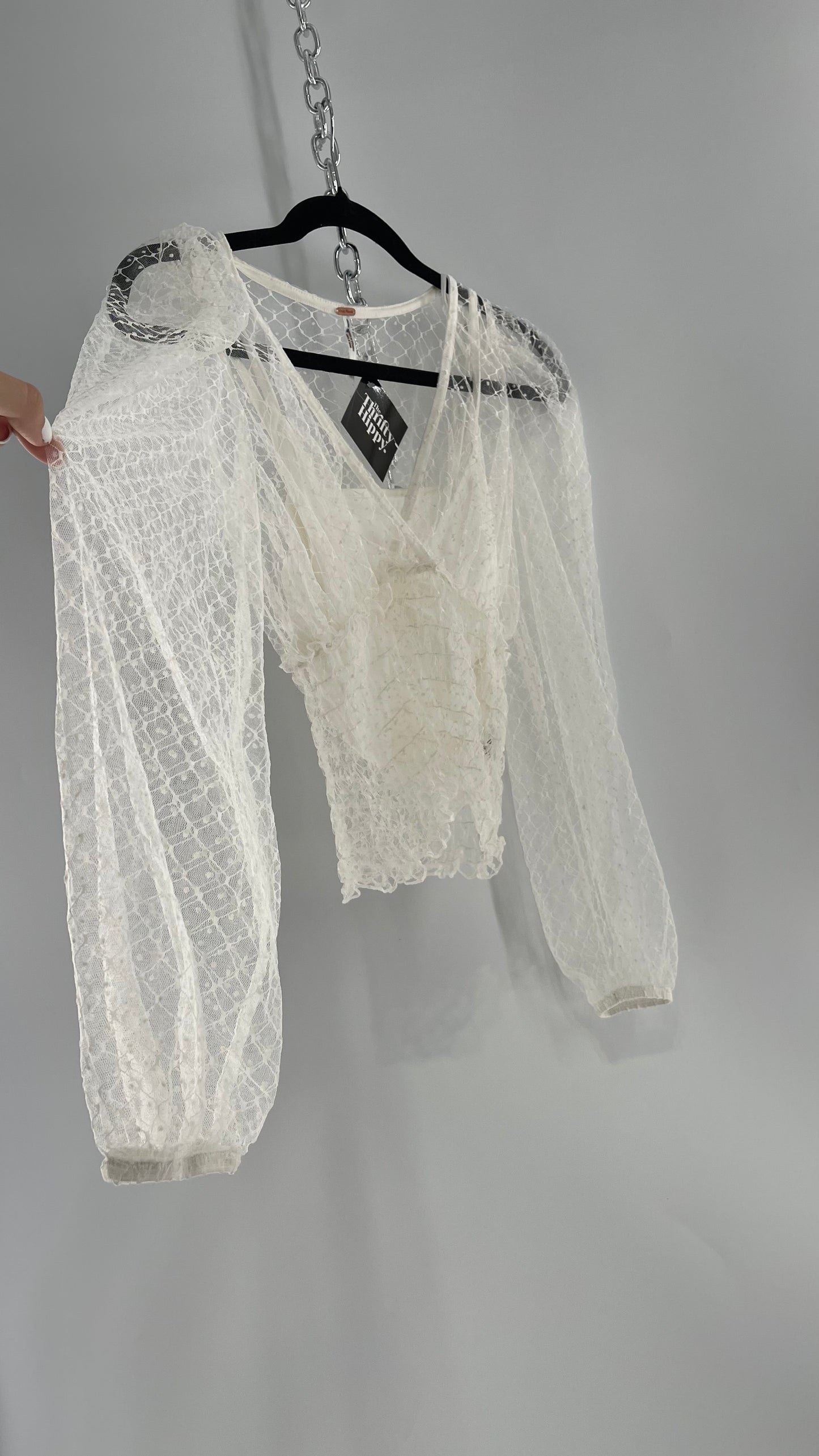 Free People White Embroidered Mesh Blouse with Keyhole Back and Balloon Sleeves (XS)