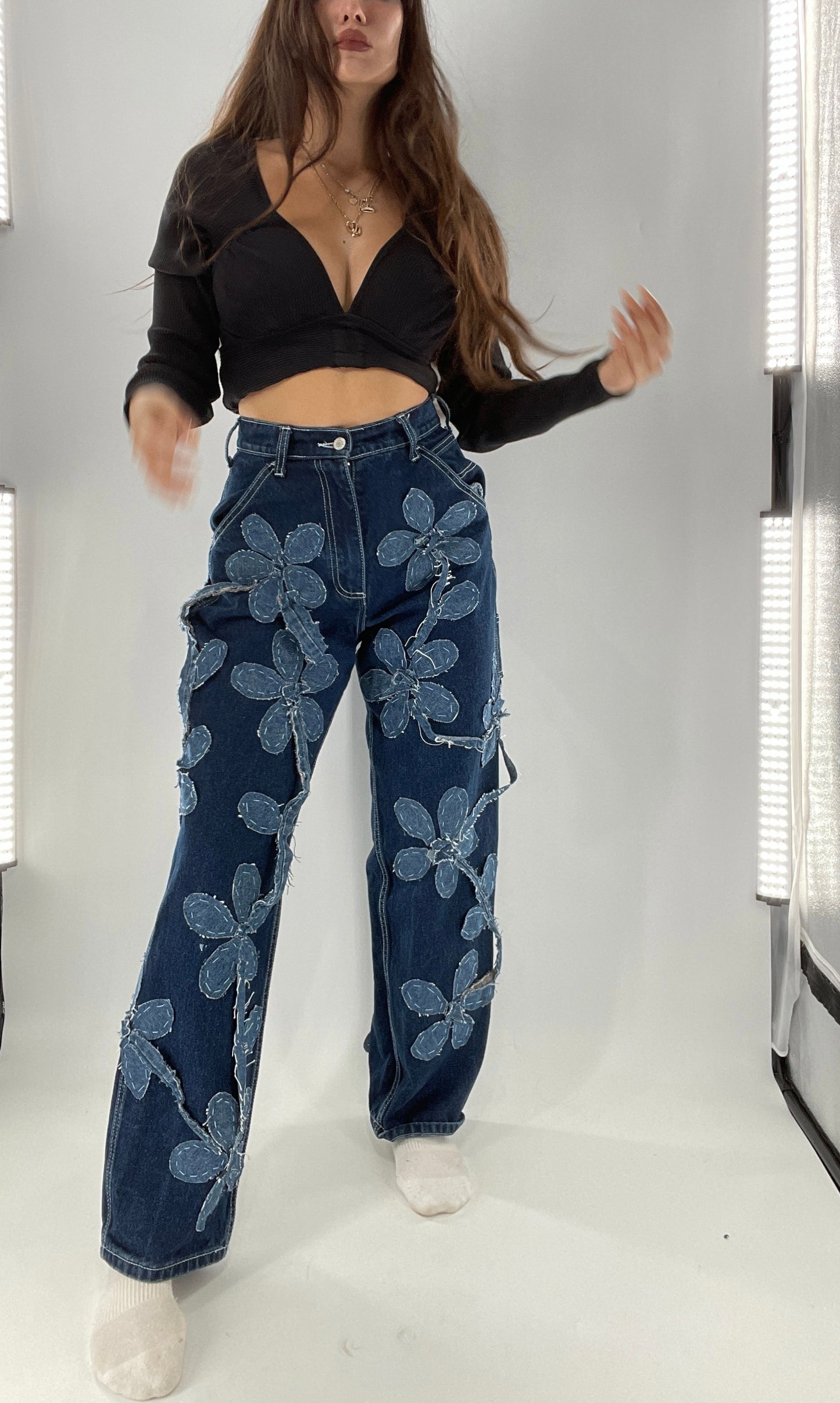 Handmade CUSTOM Dual Denim Tone Floral Vine Cargo Denims (S)