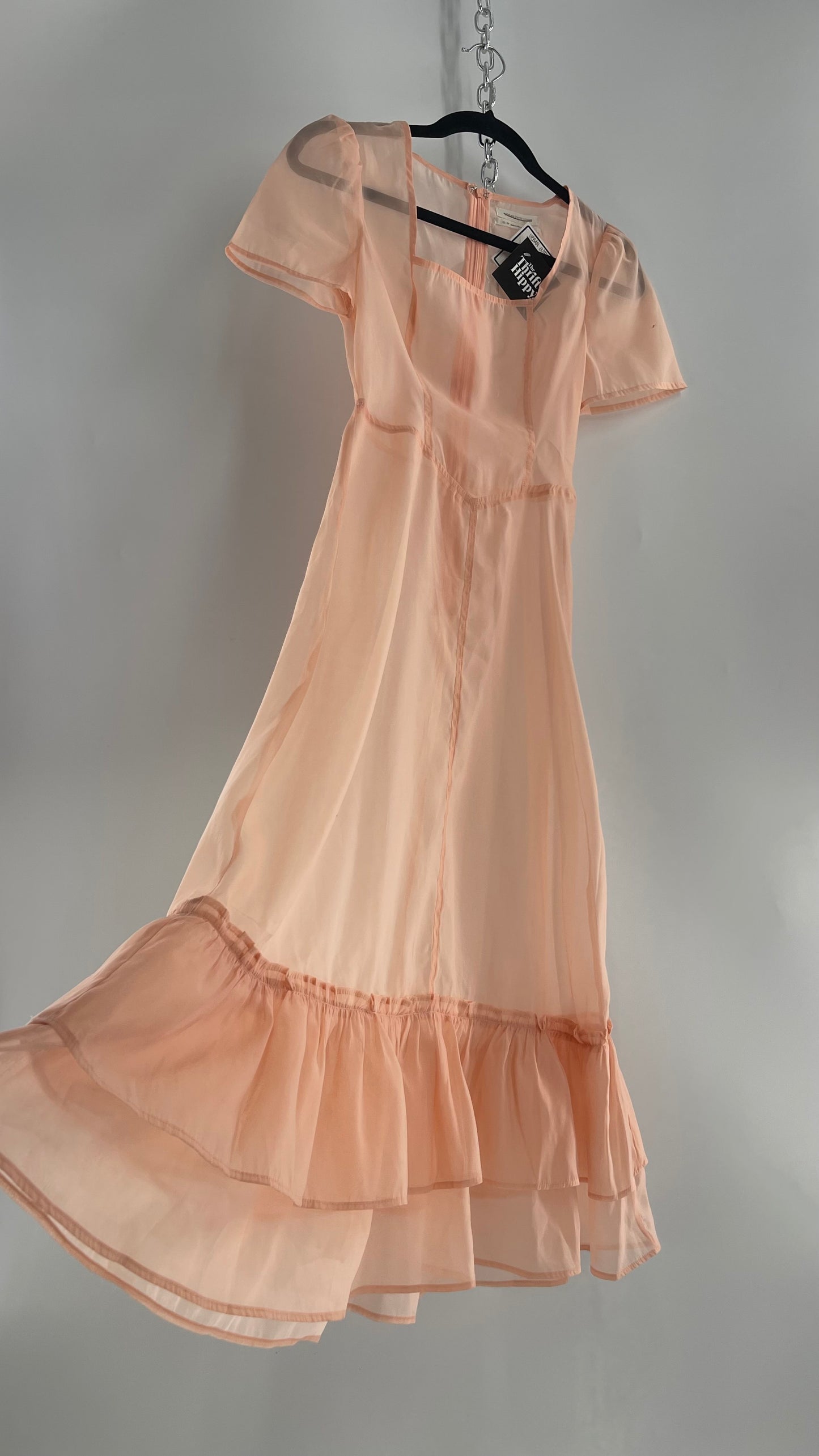 Urban Outfitters Pink/Peach Voile Vintage Inspired MIDI Dress with Ruffled Hem (XS)