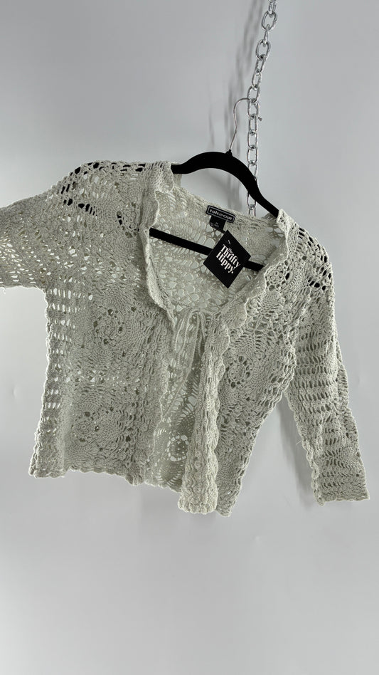 Vintage TAKEOUT Grey Crochet Knit Tie Bust Cardigan Top (Medium)