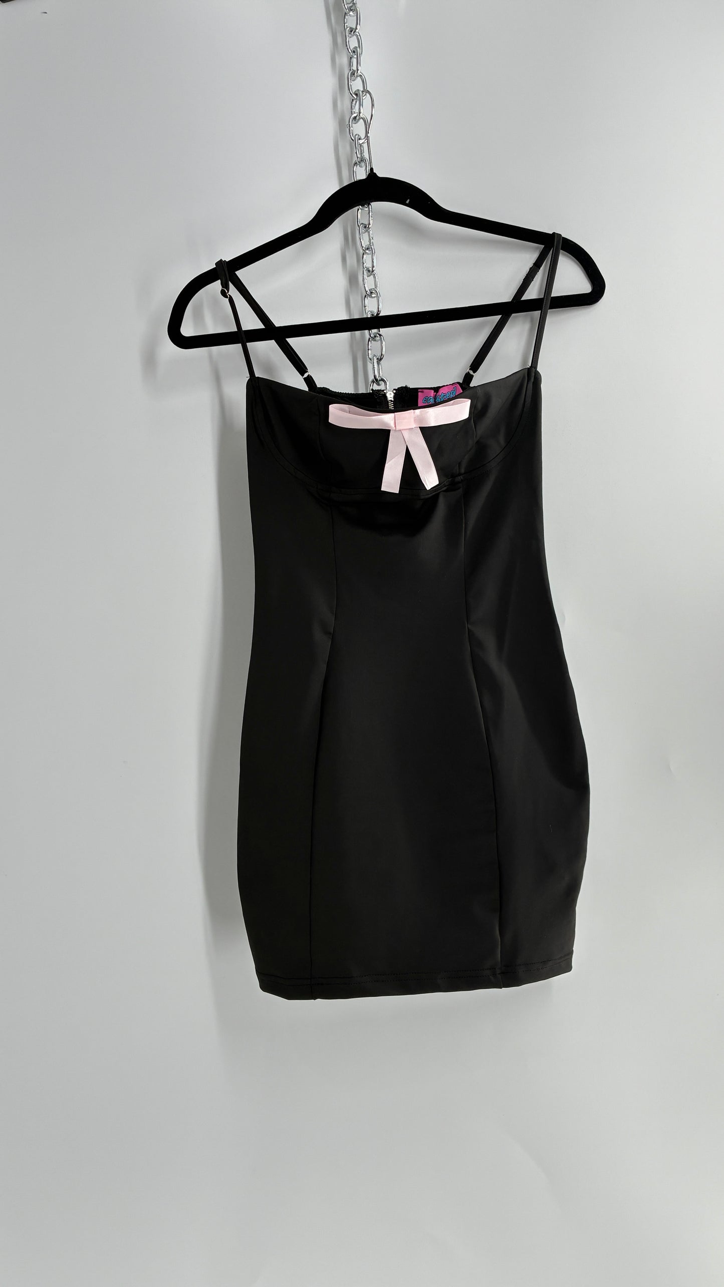 Edikted Black Satin Underbust Panel Mini Dress with Baby Pink Bow and Tags Attached (XS)