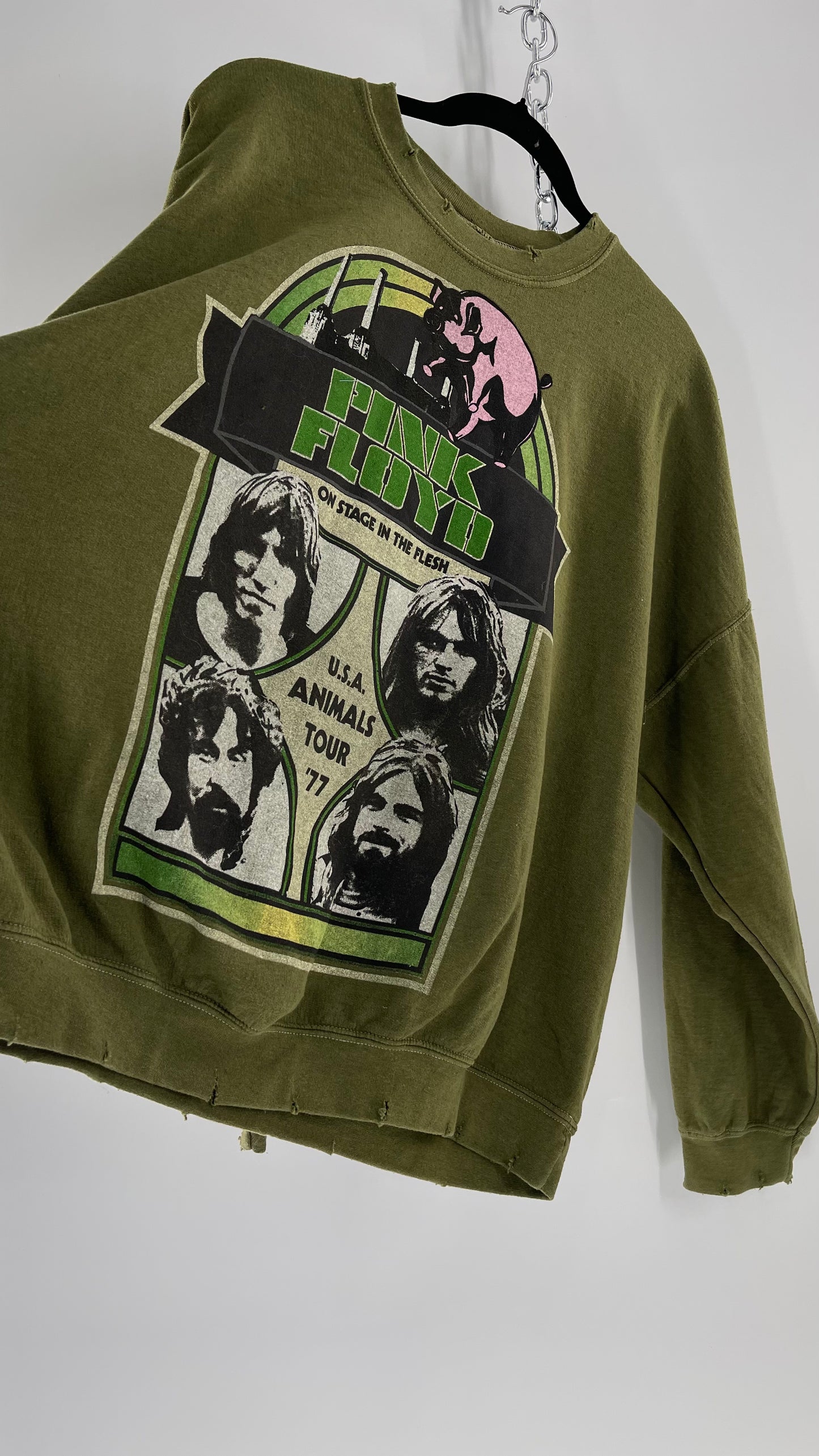 Vintage Green Graphic Pink Floyd Crewneck Knits with Distressed Neckline and Hems (L/XL)