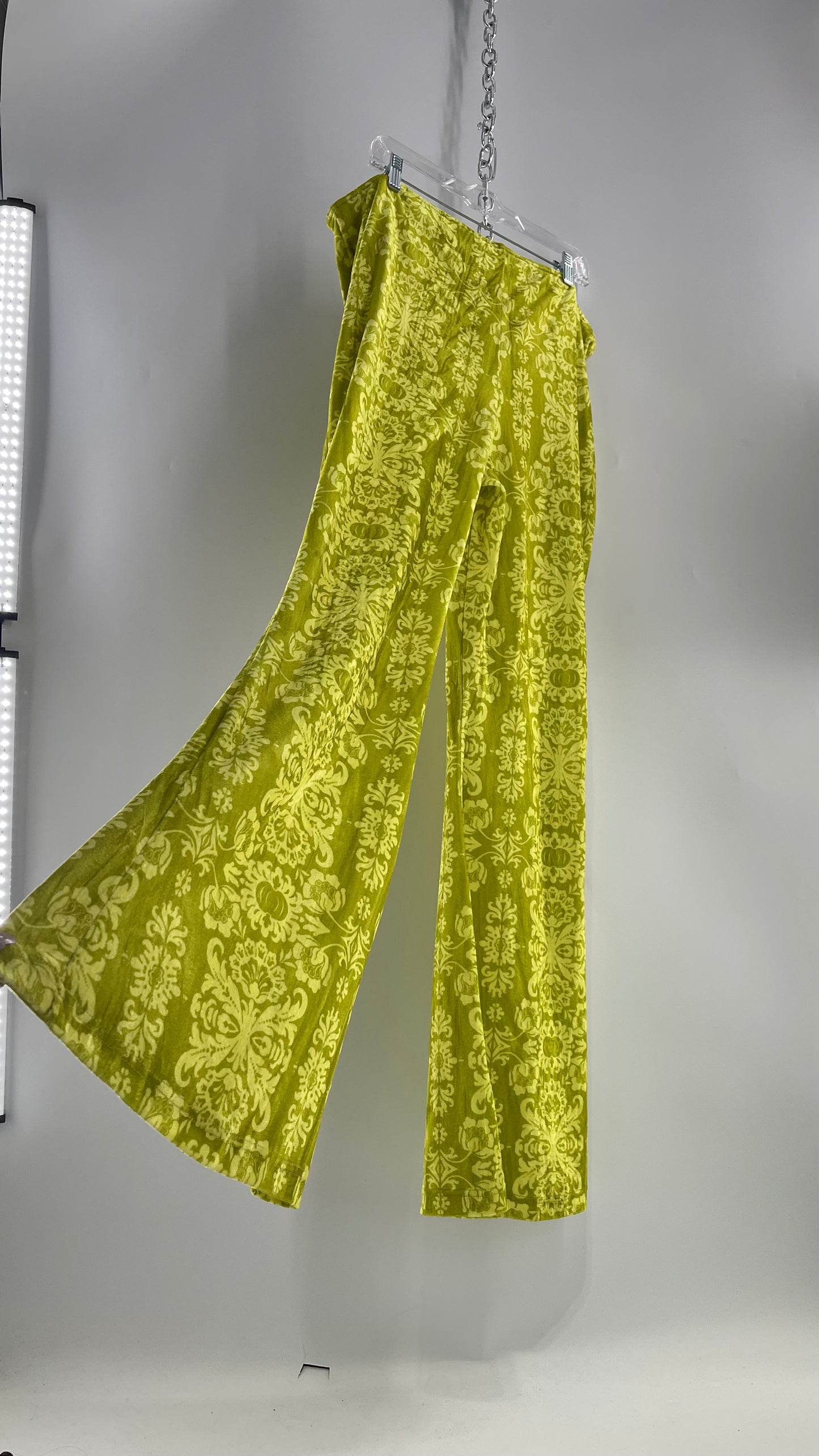 Urban Outfitters Chartreuse Green/Yellow Velvet Lace Patterned Flares with Scrunch Front (XXL)