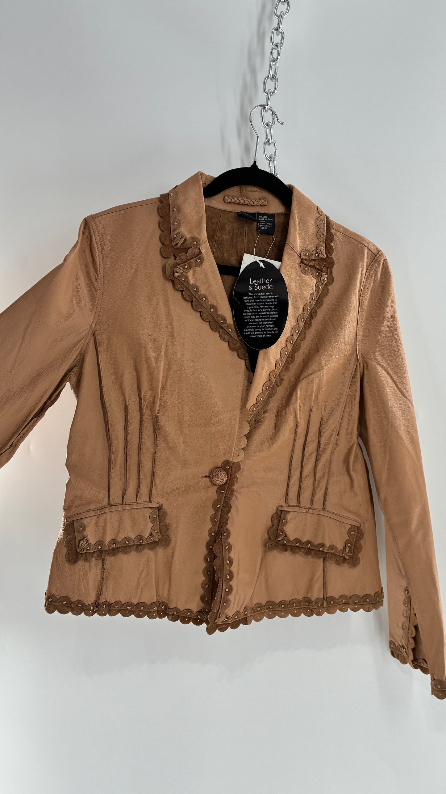 RARE Deadstock Vintage Cami Brown Thin Leather Jacket with Suede Scalloped Trim (12)