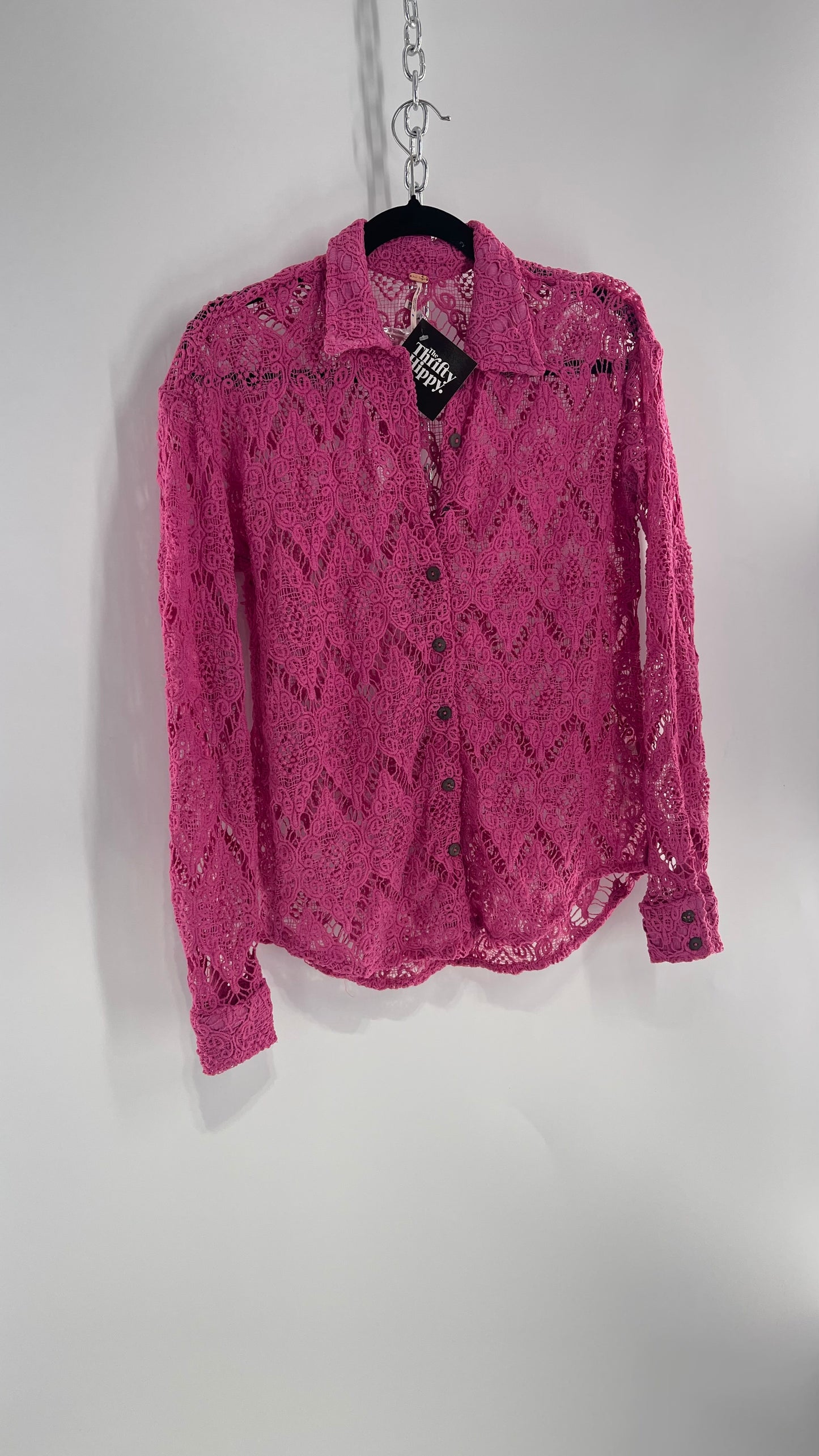 Free People Until Sunday Fuchsia Purple/ Pink Thick Lace Button Front Blouse with Coconut Buttons (XS)