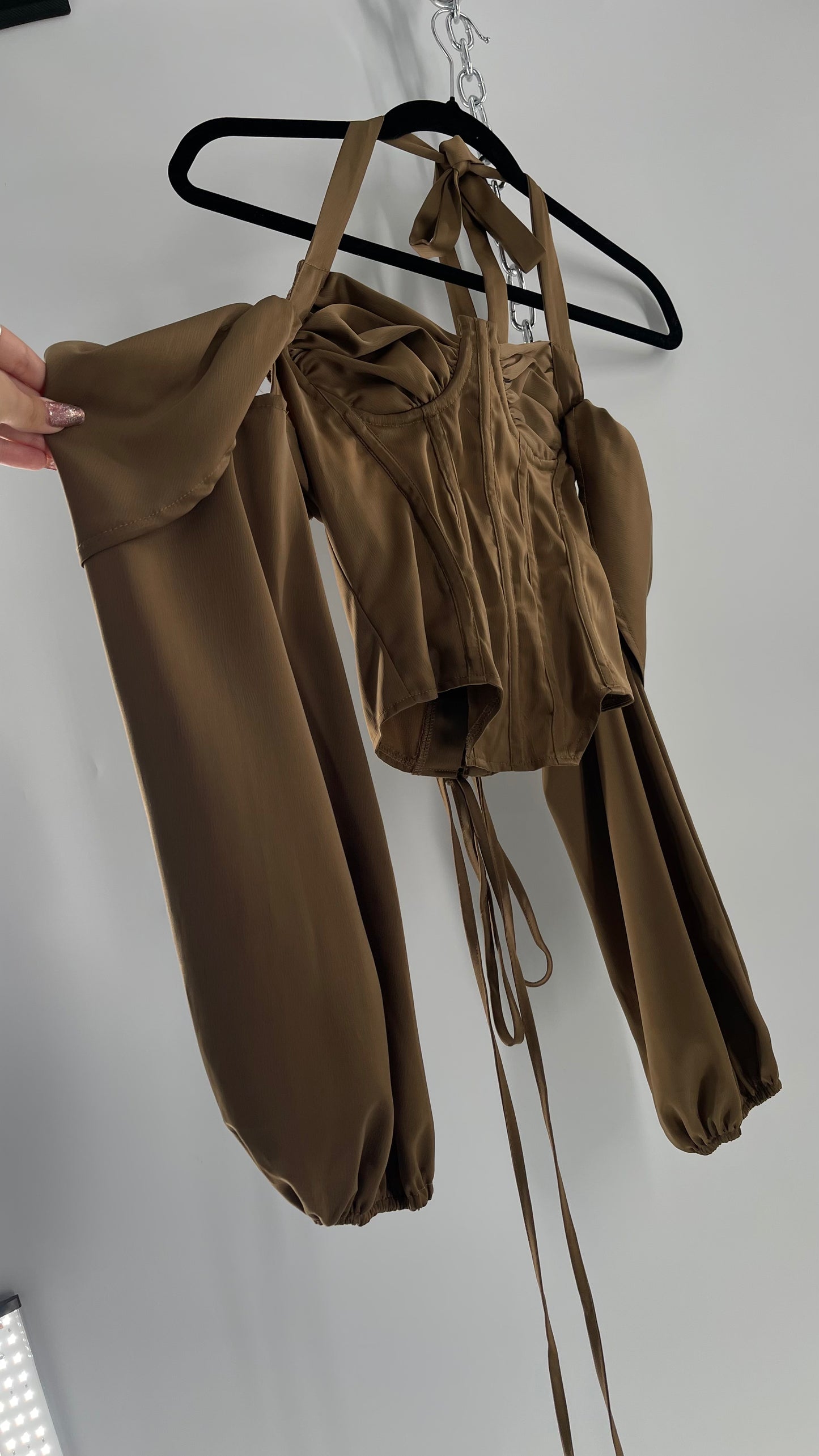 Pretty Little Thing Tan/Gold Corset Blouse with Draped Shoulders, Balloon Sleeves, Halter Strap and Lace Up Back (4)