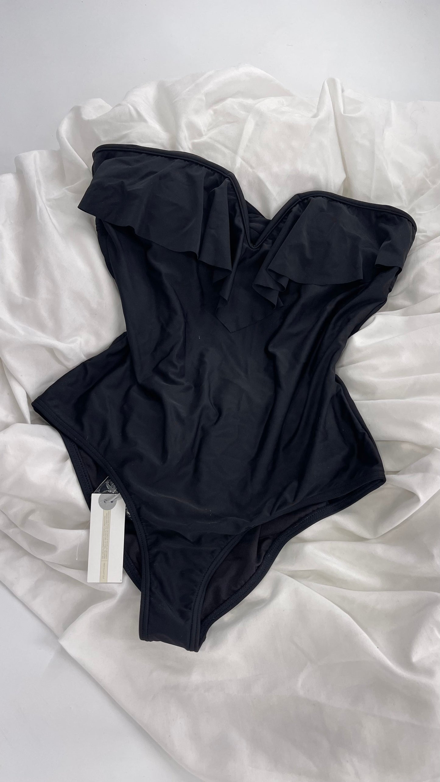 O’Neill Black Swimsuit with Built in Bra with Ruffled Bust, Open Back, Straps and Tags Attached (Large)