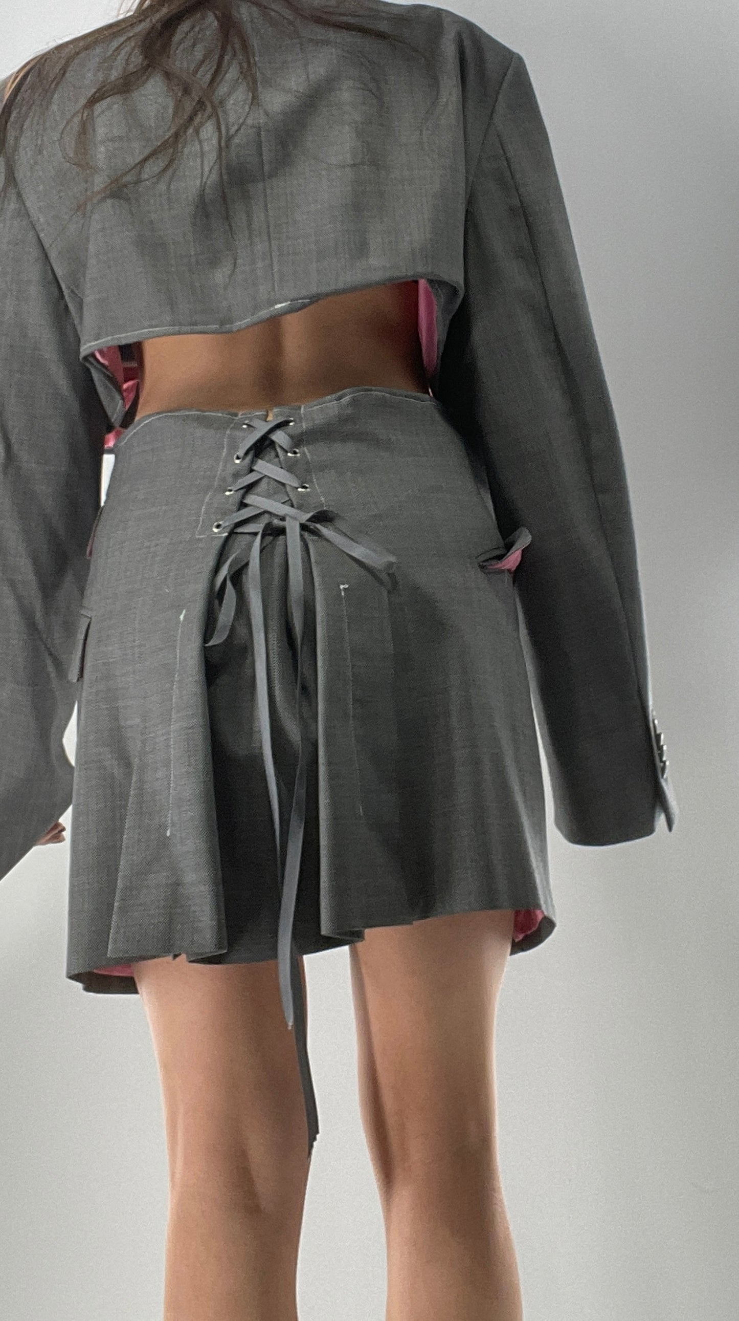Custom Handmade Gray 2Piece Suit Set with Pink Satin Lining, Cropped Blazer, and Corseted Skirt (S-L)