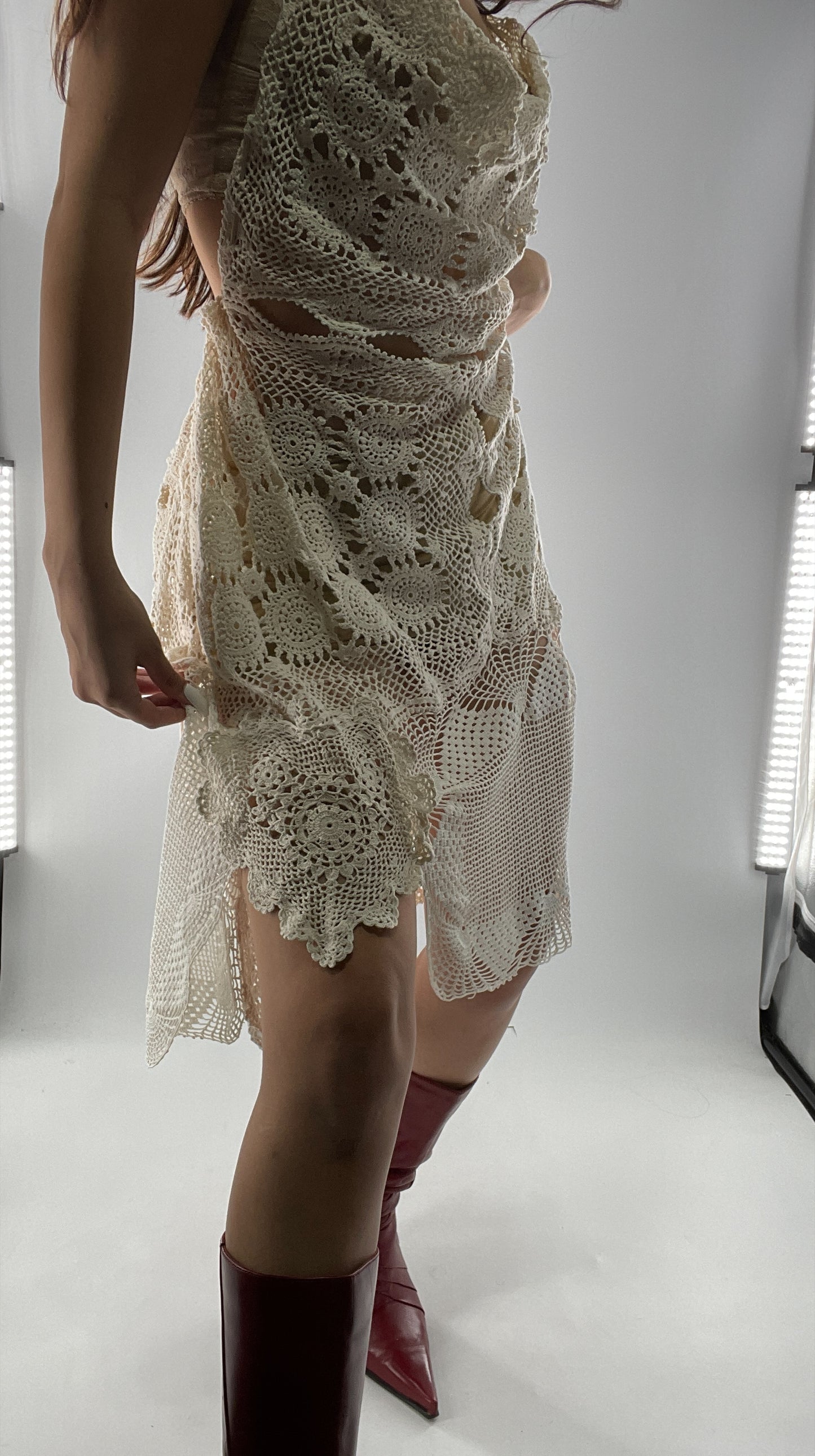 Vintage Handmade Crochet Cottage Adjustable Dress with Open, Low Back (One Size)