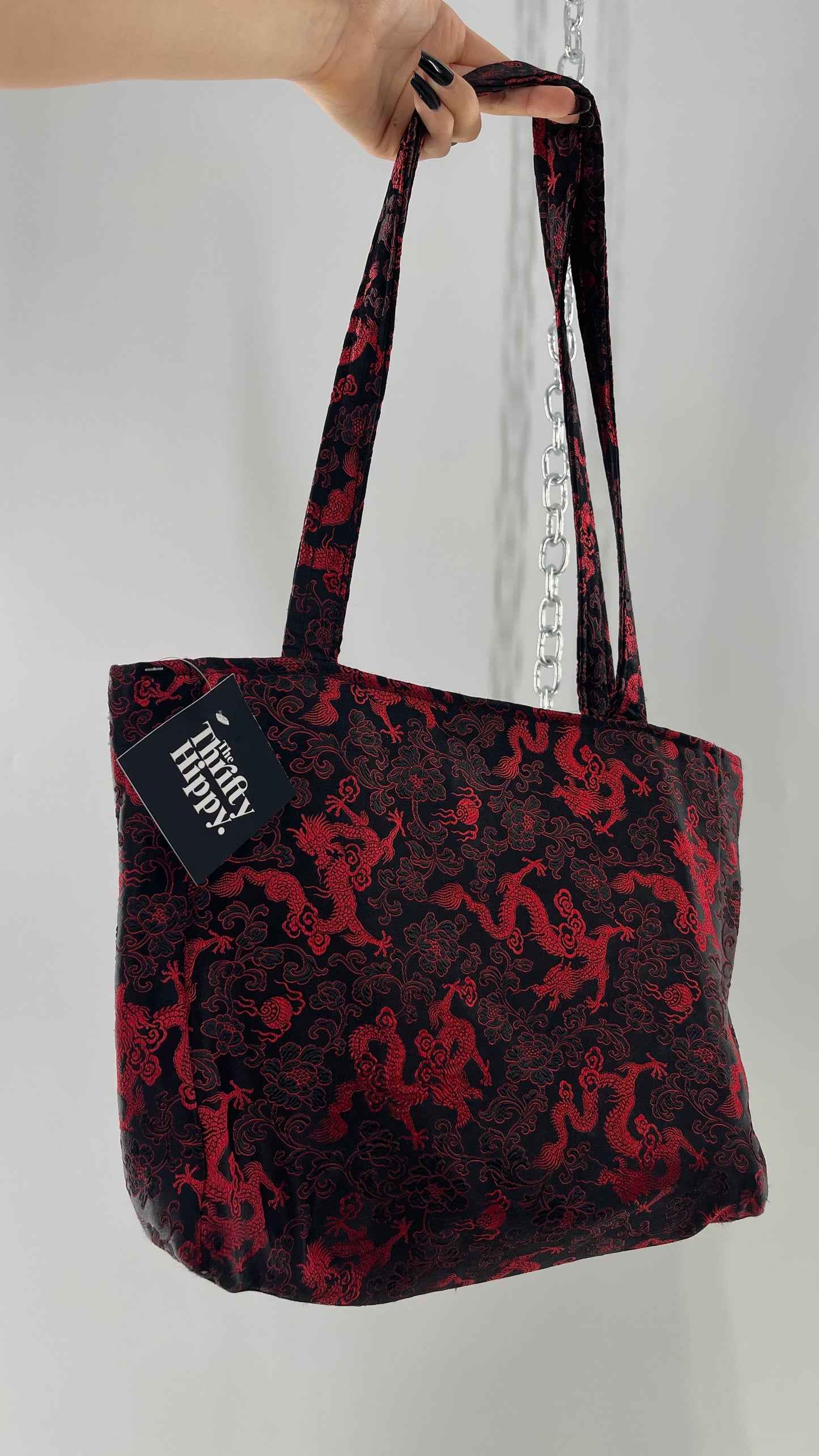 Vintage Black Satin/Silky Tote with Red Dragon/Floral Embroidery