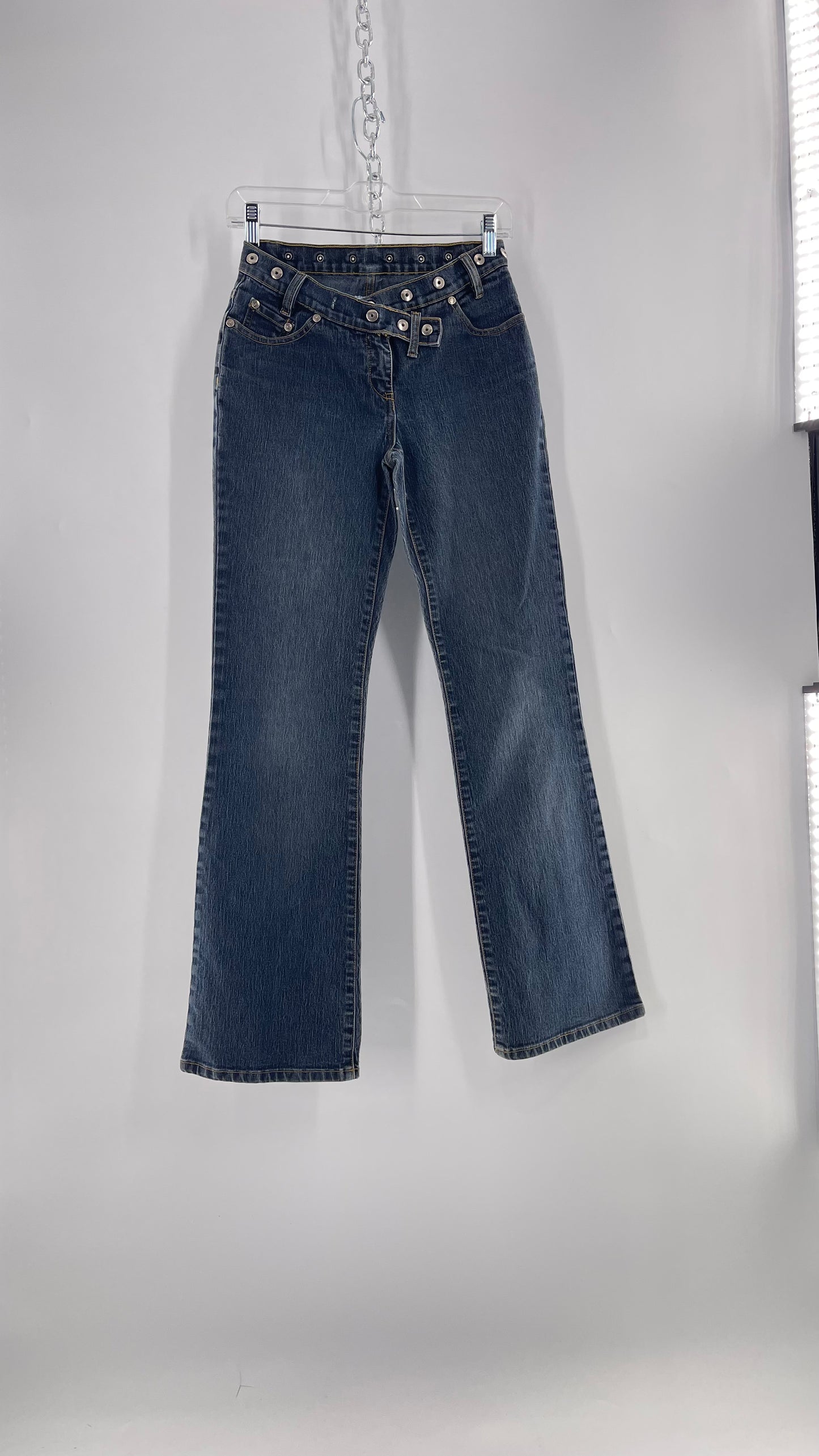 Vintage No Boundaries Grayed Jean Kickflares with Silver Metal Studded Waistline (3)