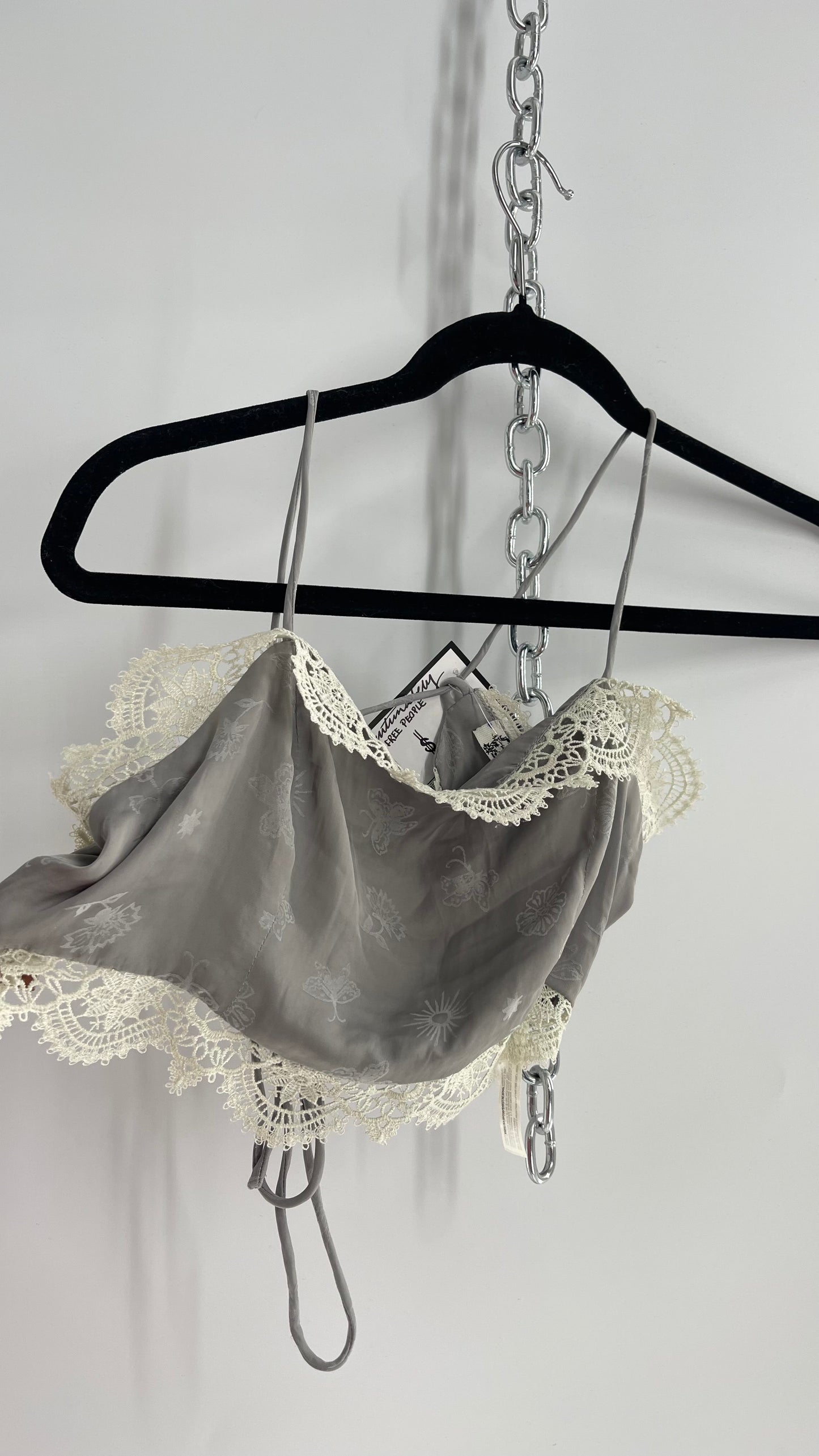 Intimately Free People Grey Silky Bustier with Tattoo Pattern and White Lace Trim (XS)