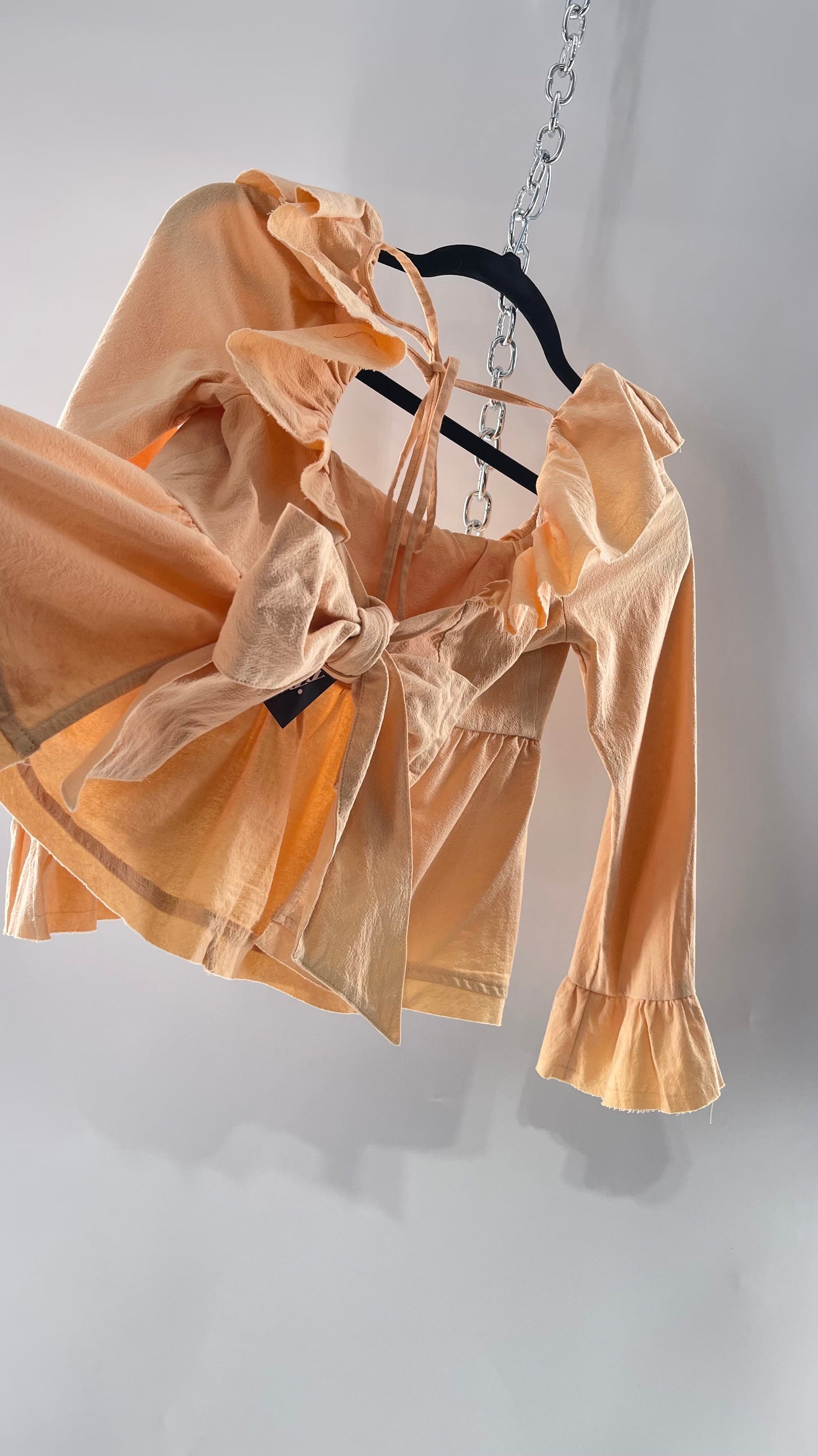 Free People Pumpkin Light Orange Backless Bow Back Cropped Blouse with Ruffle Sleeve and Neckline (XS)
