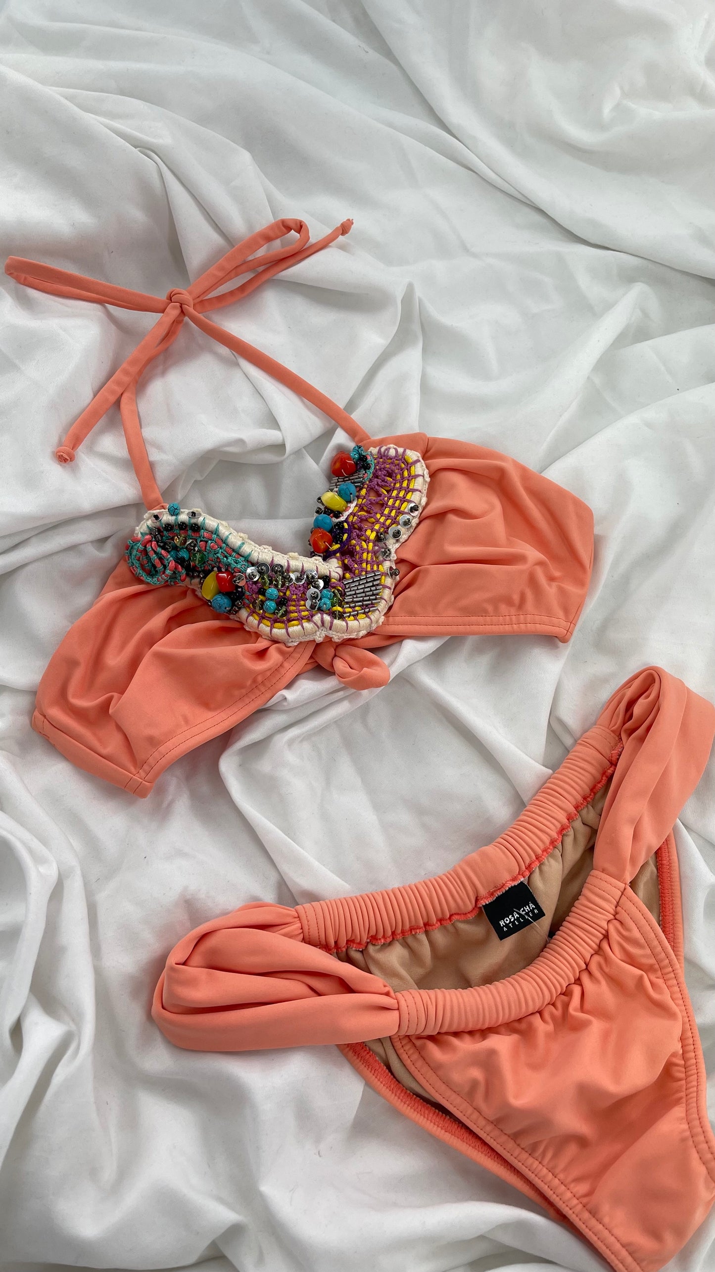 ROSA CHÁ Attelier Designer Pink/Salmon Thick Swim Set with Ruched Bottoms and Embellished Top (Small)