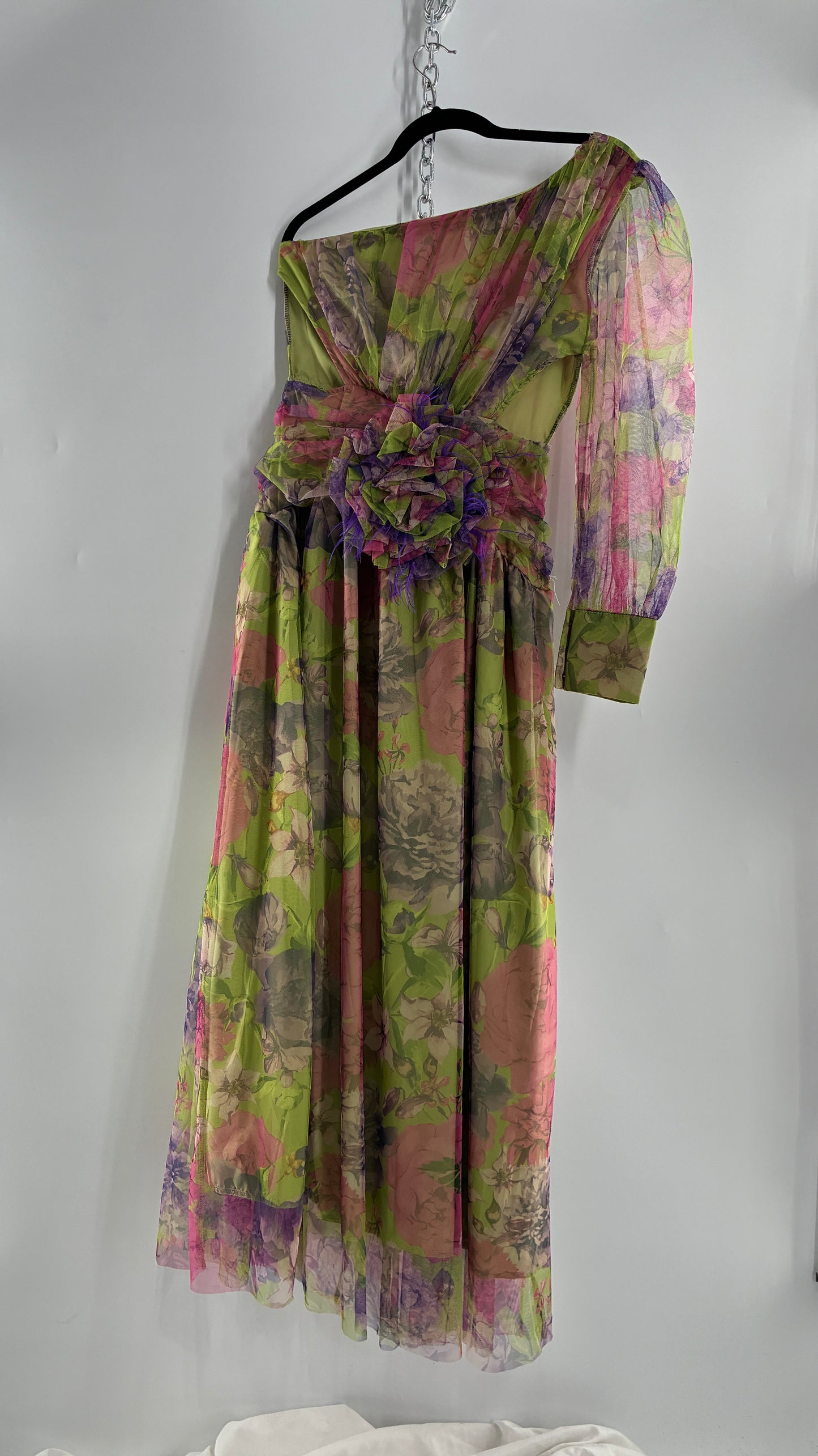 Vintage Open Waist Gown with Oversized Feathered Appliqué Rosette (Large)