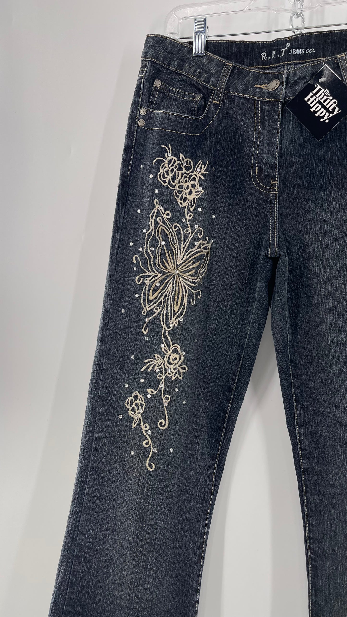 Vintage RVT Grey Kickflare Jeans with Butterfly Embroidery and Rhinestone Embellishment (9/10)
