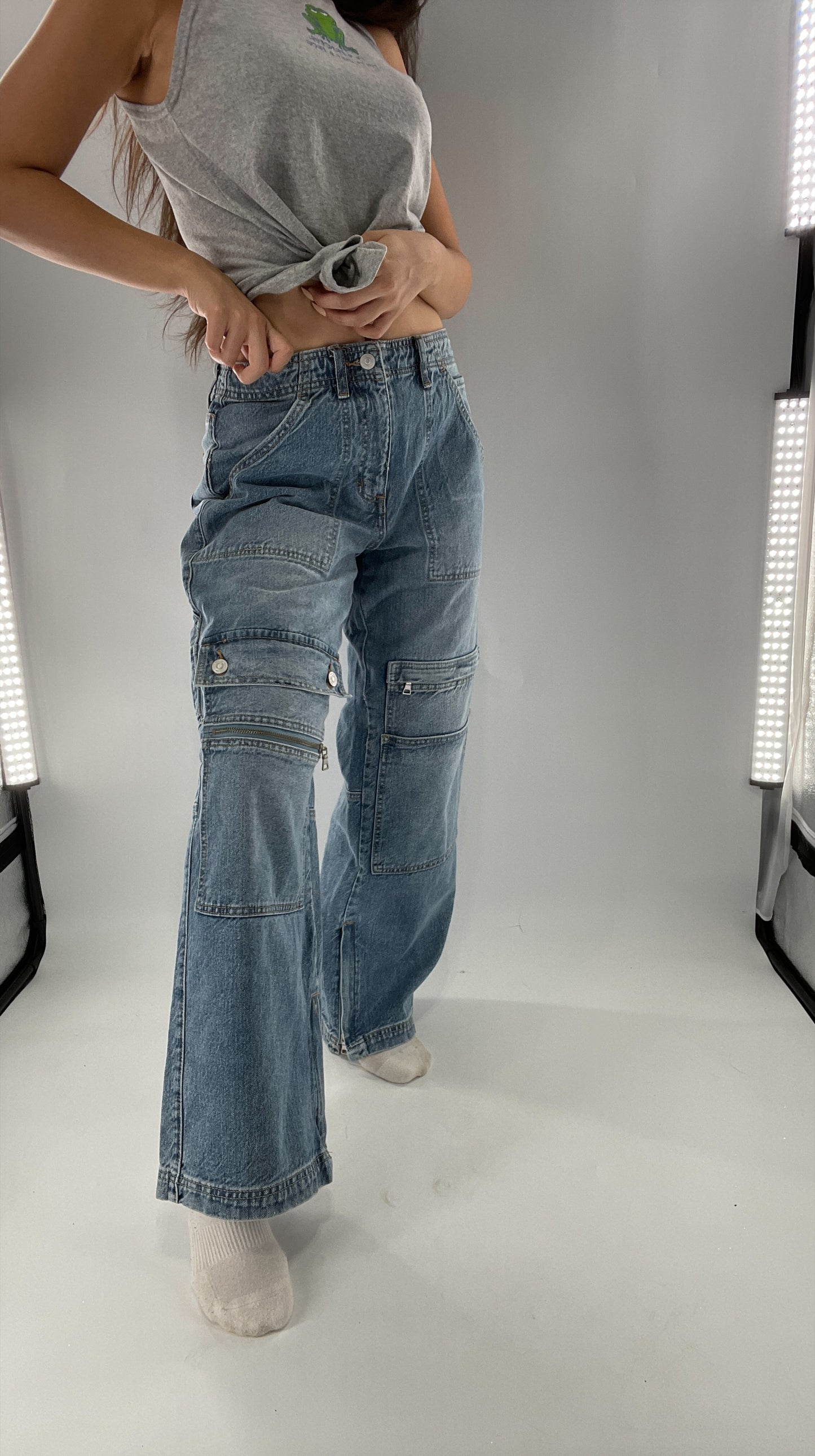 Free People Wide Leg Cargo Jeans Covered in Pockets, Zippers and stitching (27)