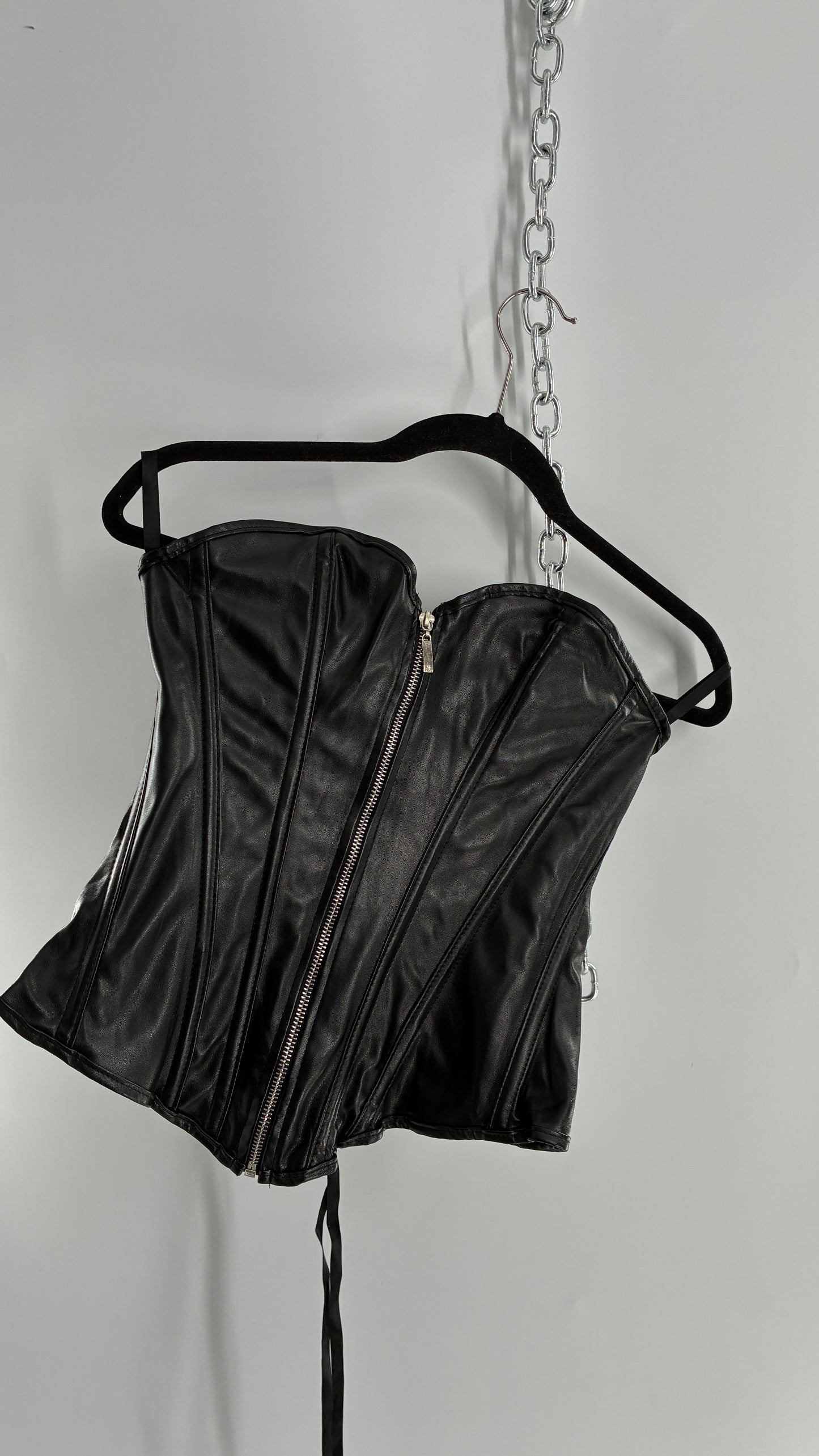 Black Vegan Leather Zip Front Corset (Medium)