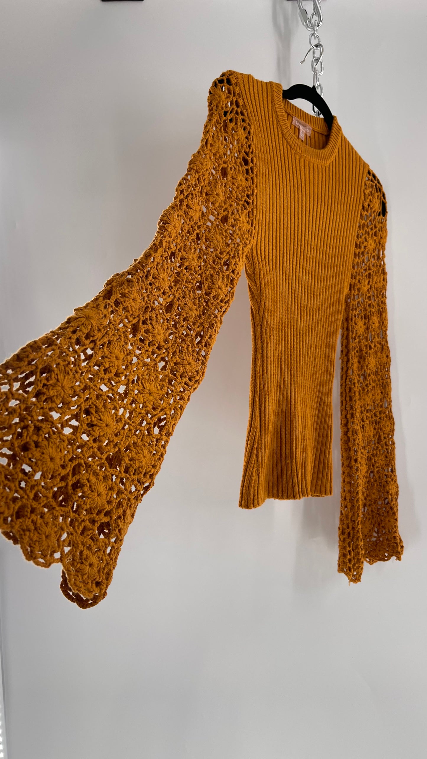 Love Colétte Mustard Sweater with Crochet Bell Sleeve (Large)