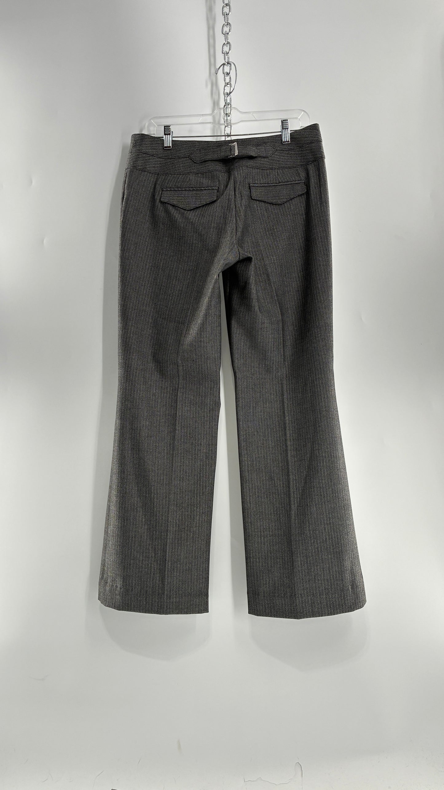 Vintage 1990s EXPRESS Editor Dark Grey Pinstripe Ultra Low Rise Thick Hip Band Kick Flares (6R)