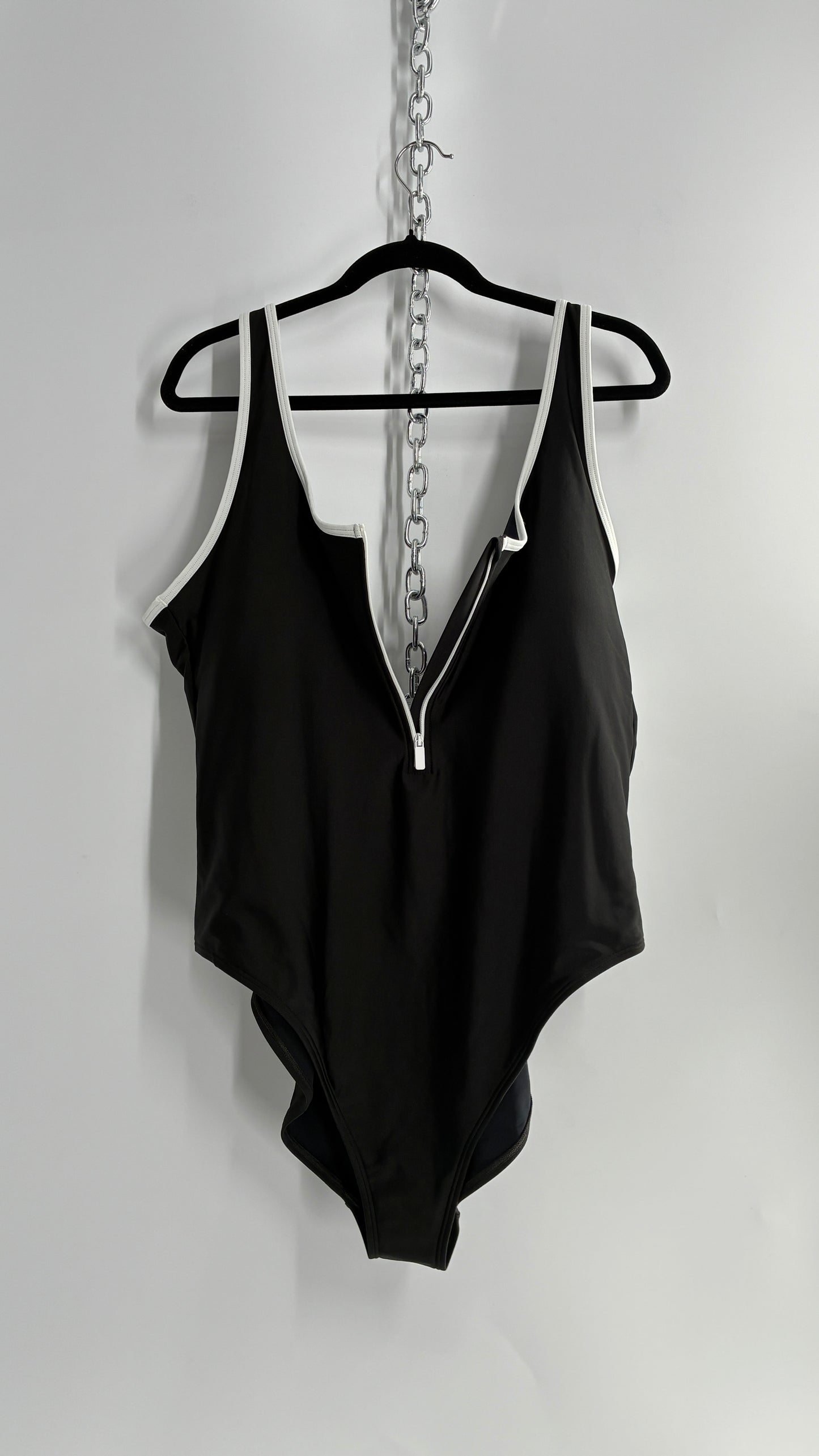 OLD NAVY Black Thick Zip Front Bathing Suit with Contrast White Piping and Tags Attached (XXL)