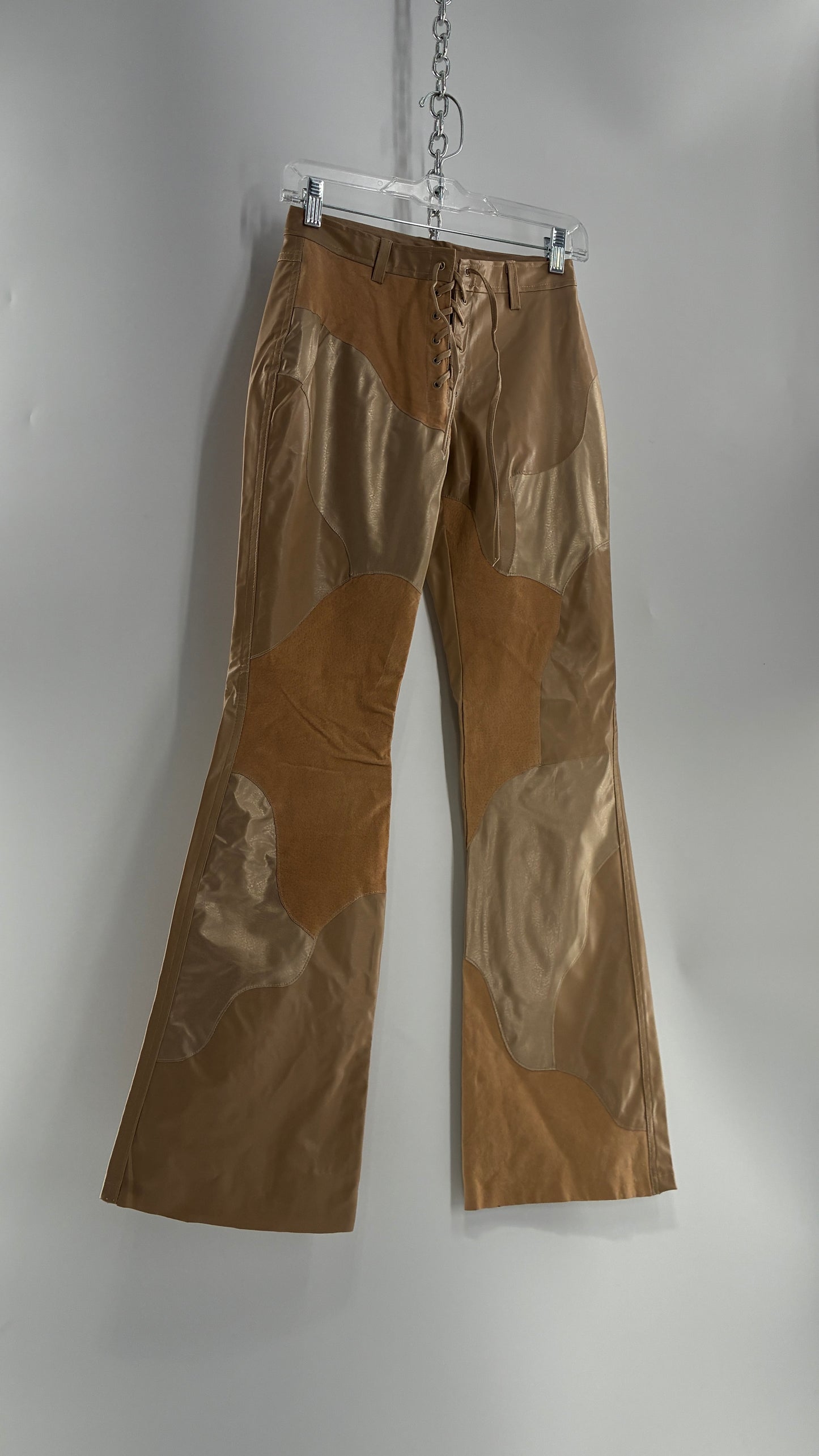 Vintage OUTER EDGE Patchwork Vegan Leather Kickflares with Tie Up Waistline (3)