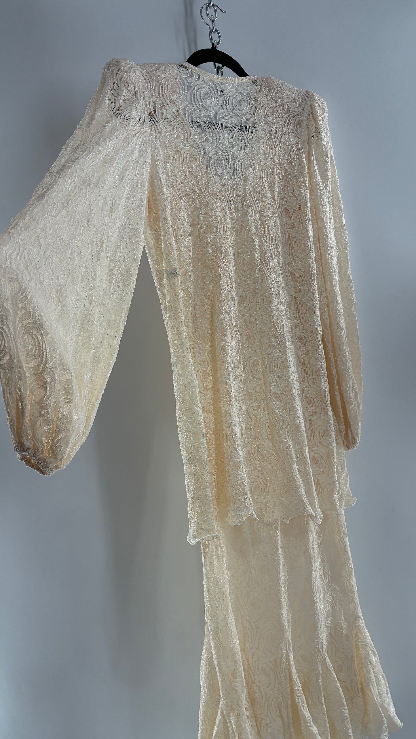 Vintage SARA MIQUE New York Off White Maxi Dress and Balloon Sleeve Cardigan Set (M)