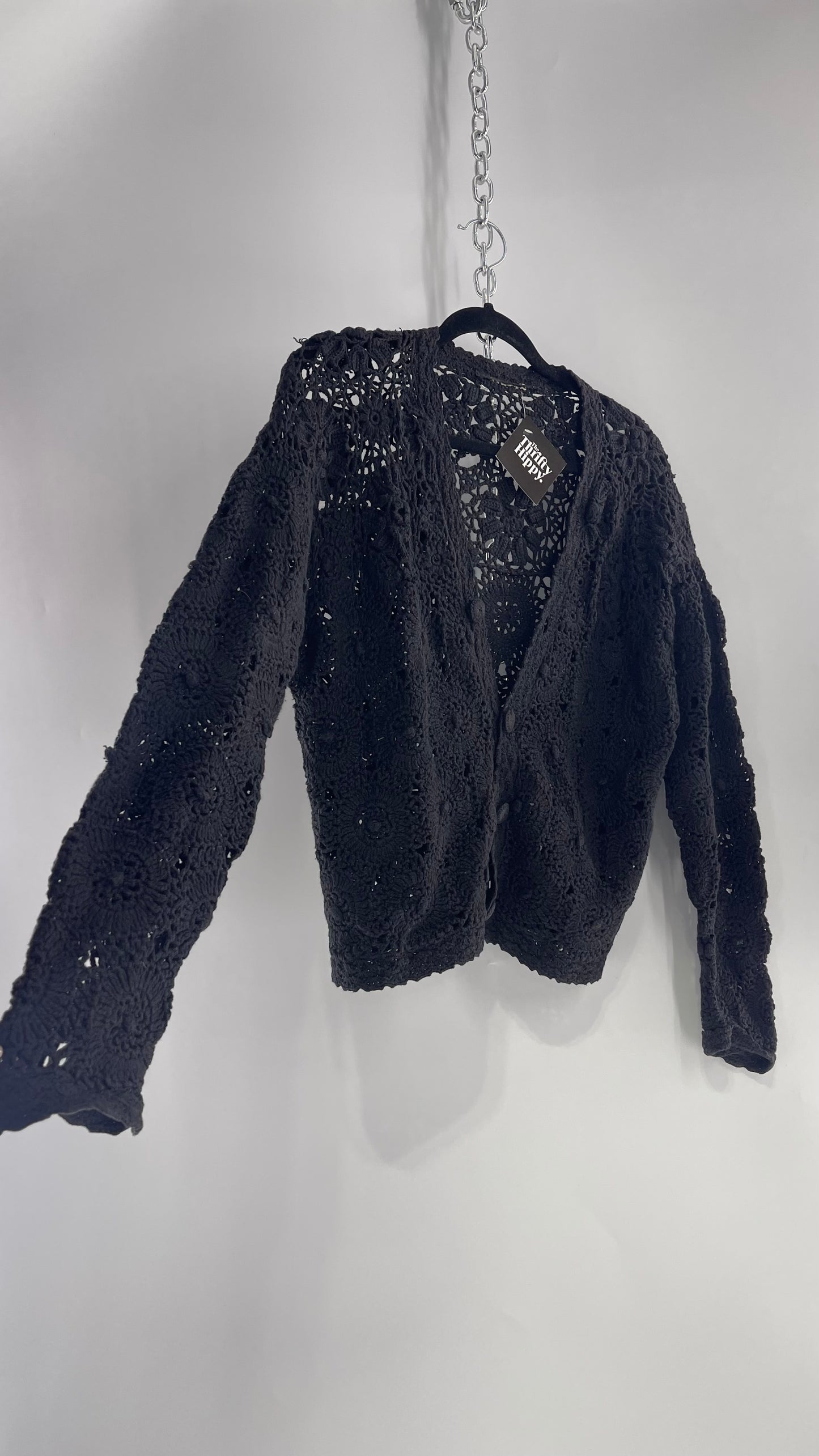 Vintage Black Handmade Crochet Cardigan (Medium)