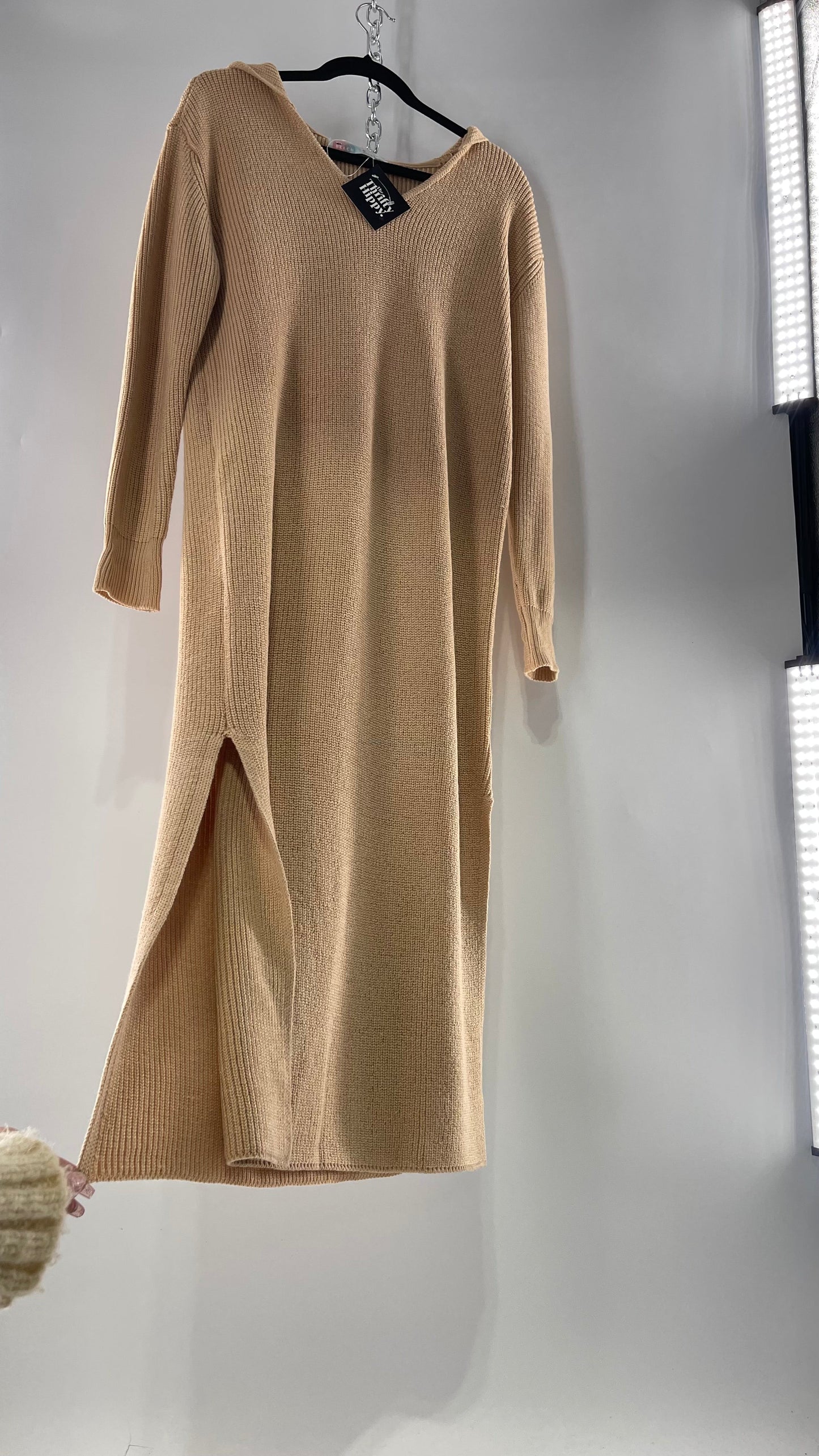 Free People Tan Knit Hoodie Maxi (Medium)