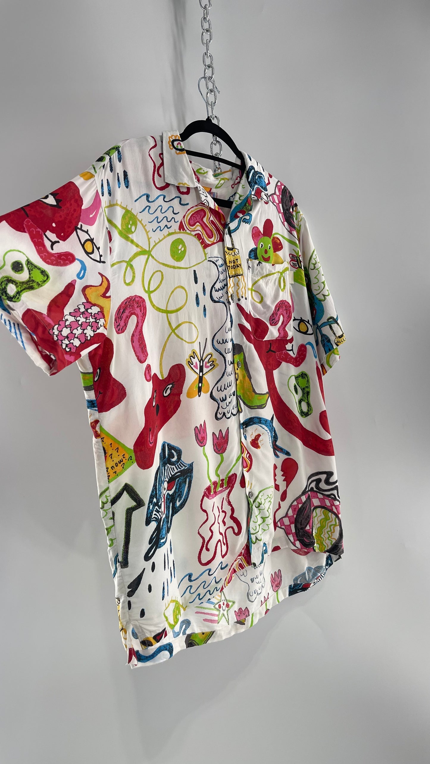 Urban Outfitters Happy Days Colorful Doodle Button Up (Large)