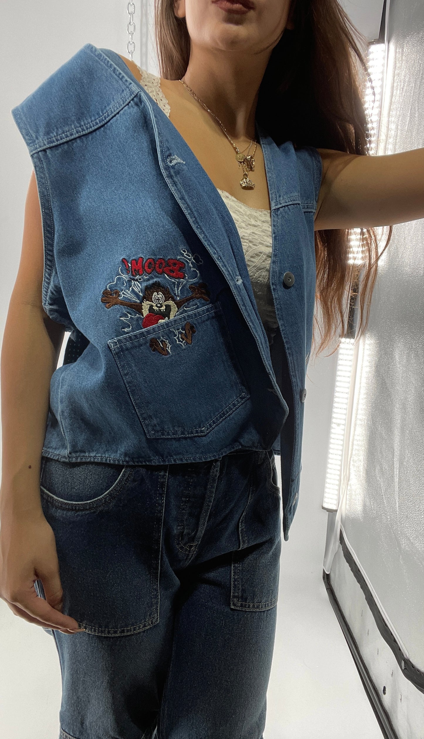 Vintage Looney Tunes Denim Vest with Embroidered Characters (Large)