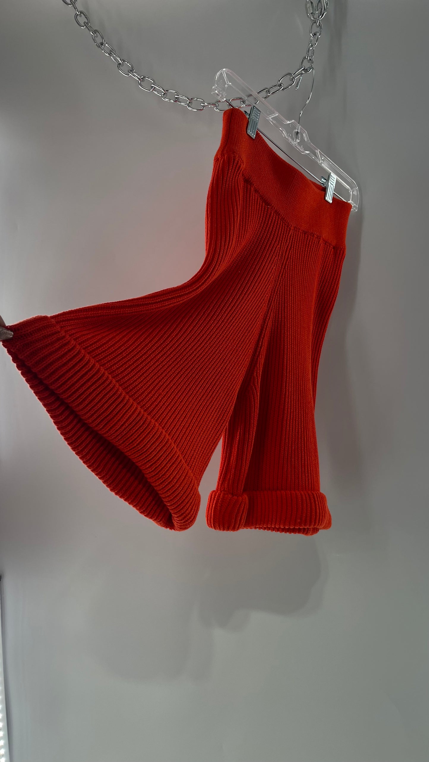 Free People Orange Red Thick Knit Cartoon High Waist Flare Shorts (XS)