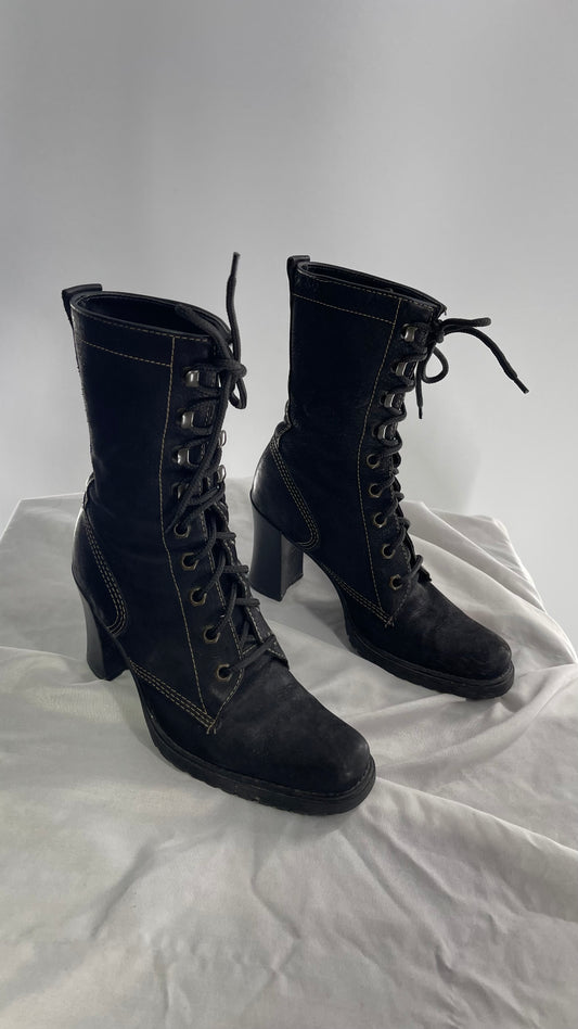 Vintage Nine West Leather Black Lace Up Combat Boots (7)