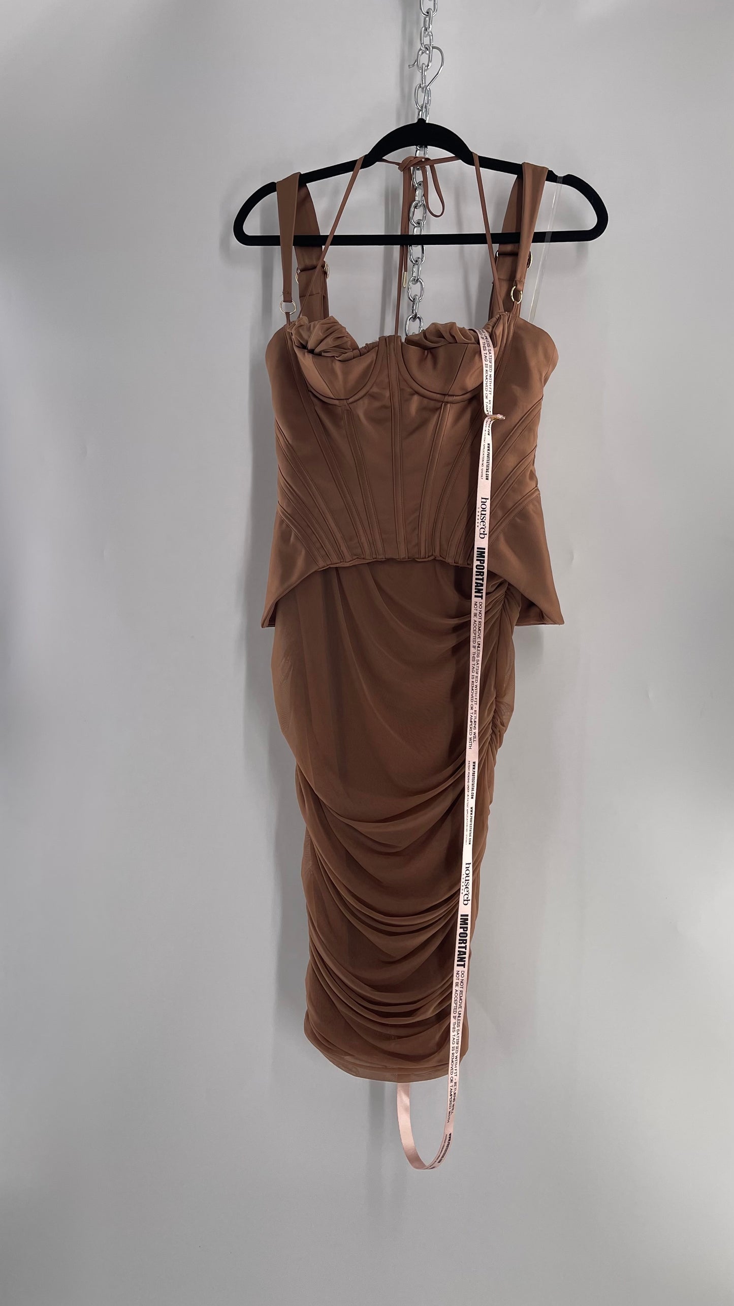 House of CB Talya Toffee Satin Corset Midi Dress with Ruched Skirt (Medium)