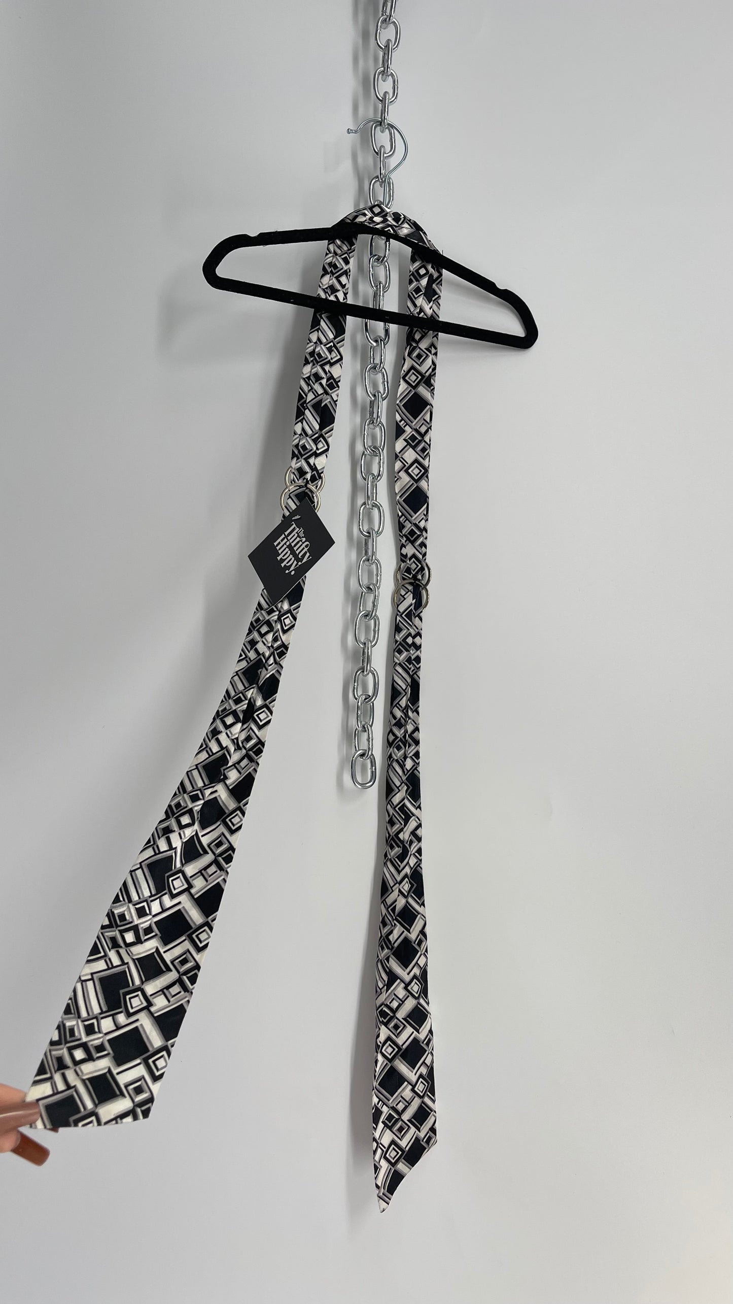Vintage Black and White Abstract Geometric Silky Skinny Belt/Scarf