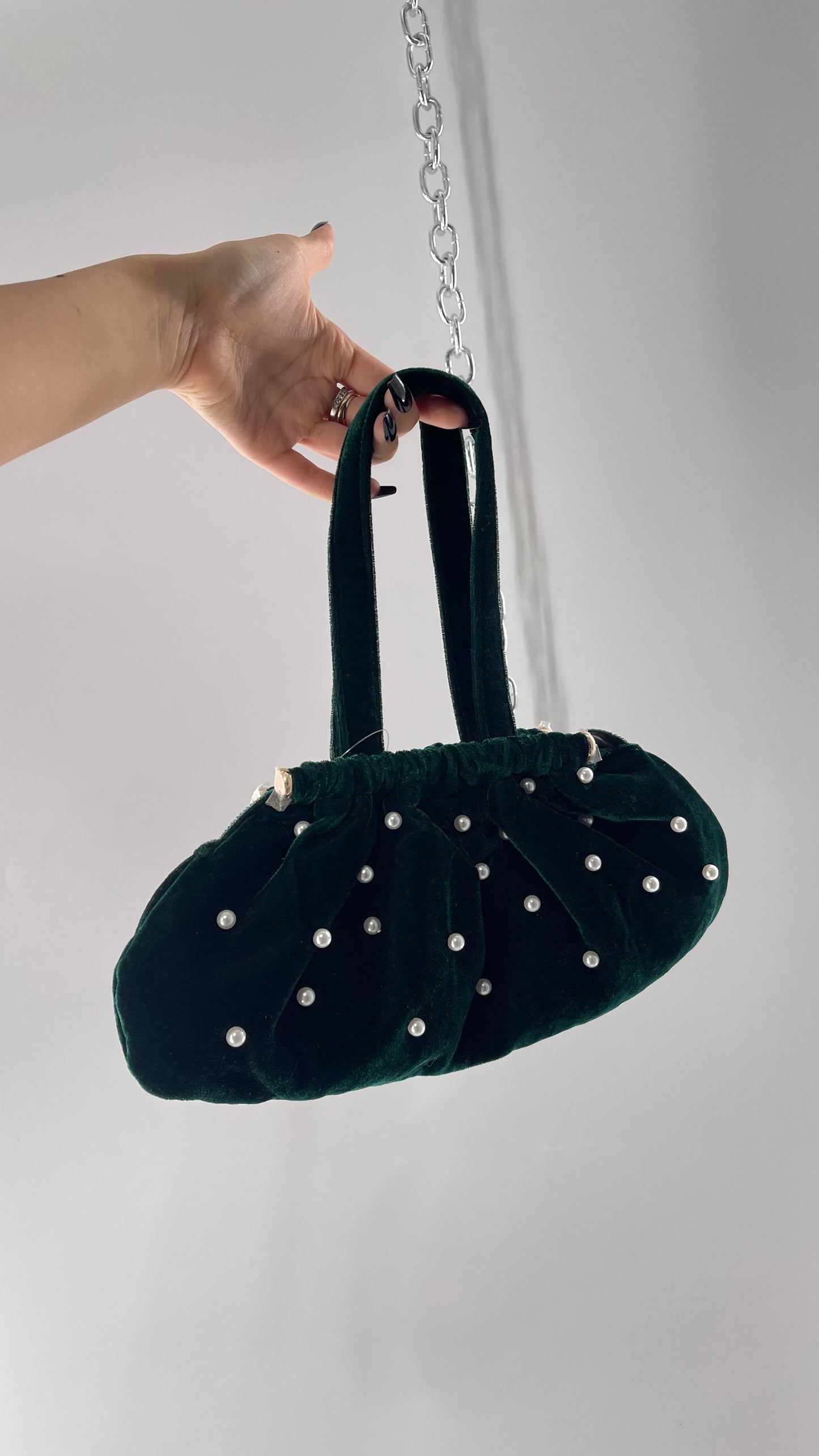 Vintage Deep Green Velvet Purse Covered in Pearls, and Featuring Gold Metal Closure Still Lined in Protective Plastic