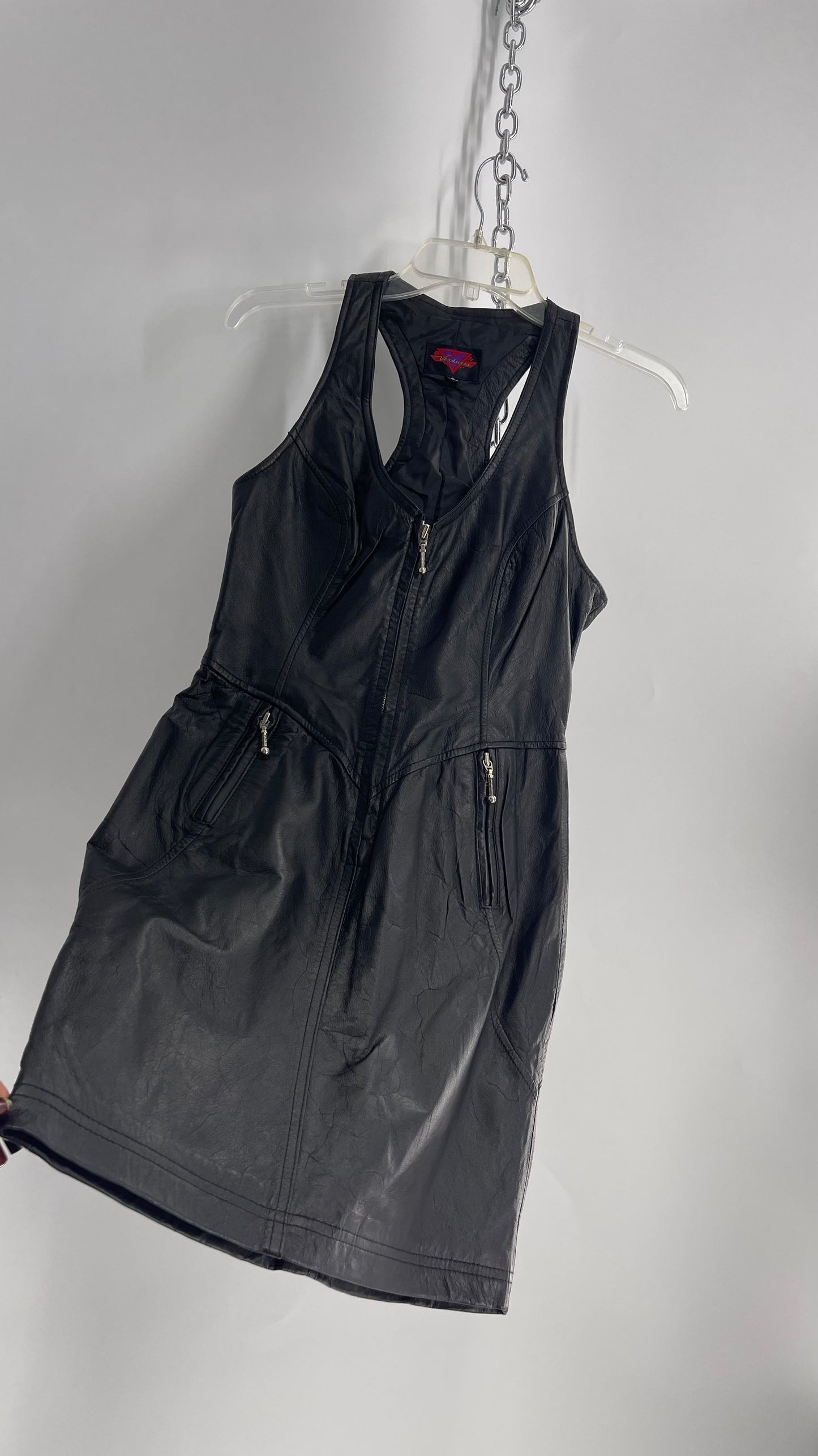 Vintage 1980s VERDUCCI Black Leather Zip Front Mini Dress (Small)
