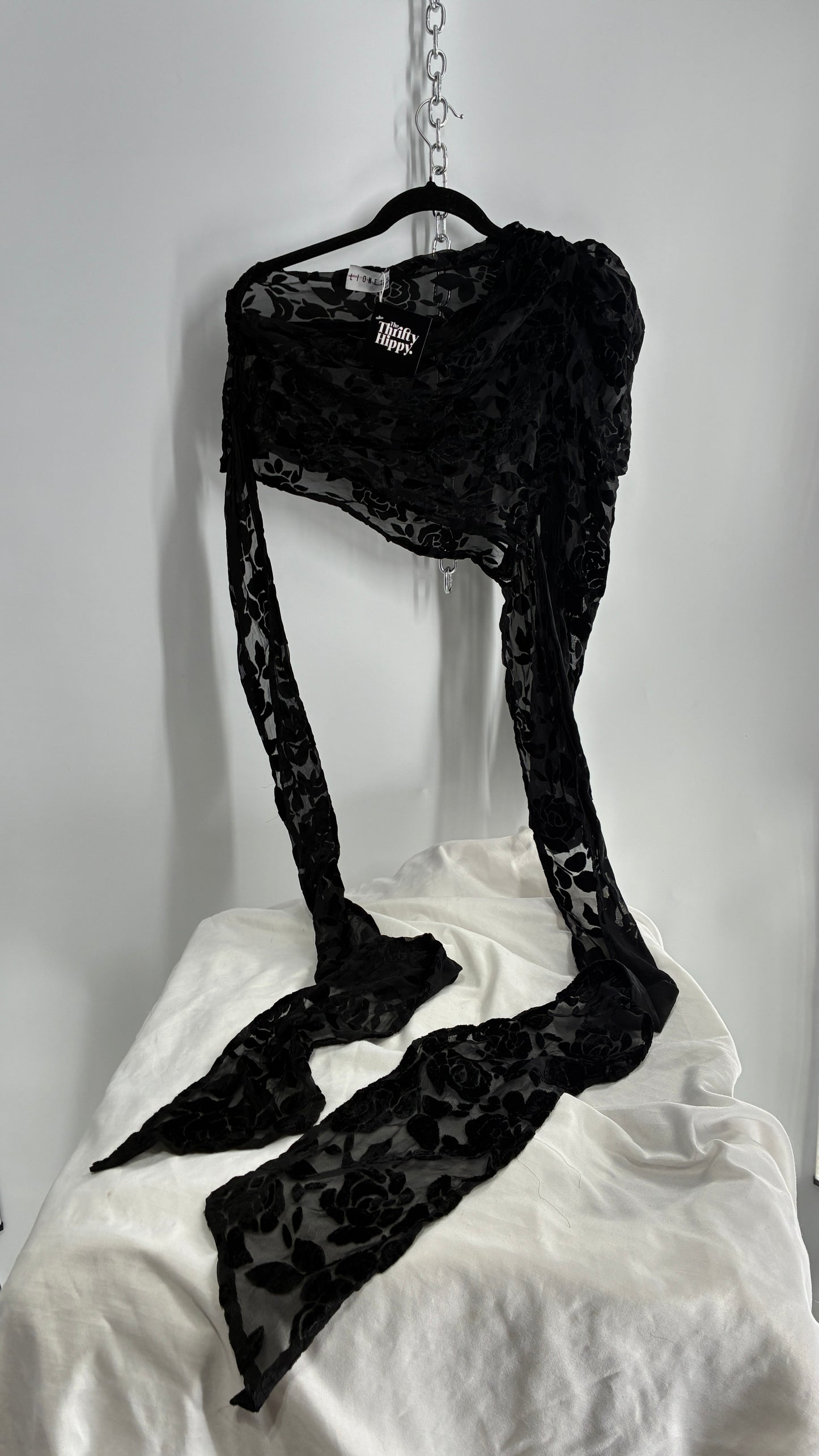 LIONESS Black Sheer Velvet Burn Out One Sleeve Tie Waist Blouse (XS)