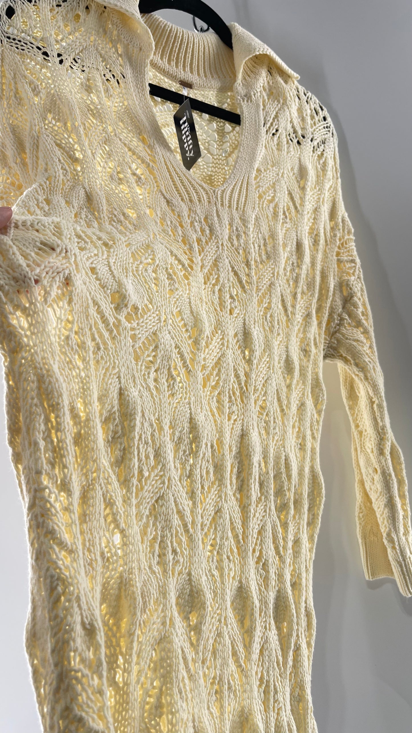 Free People Baby Yellow Comfy n Cozy Open Stitch Knit Sweater Dress (XS)