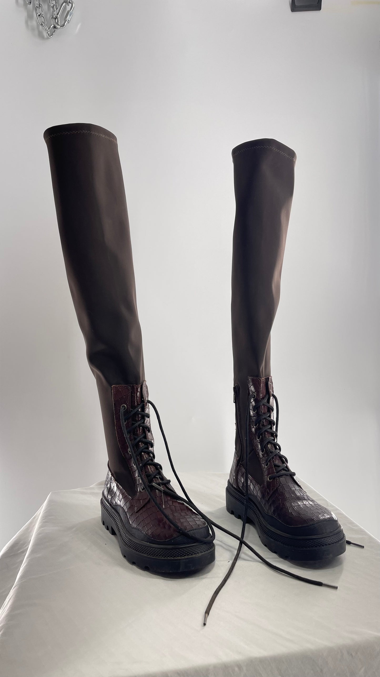 Free People Dark Brown Riding Style Embossed Knee High Platform Boots (39)