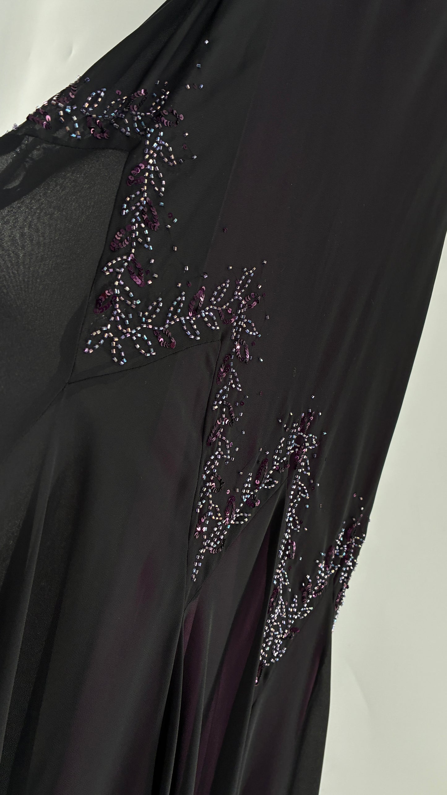 Vintage XSCAPE Full Length Black Beaded Gown with Purple Underlay (4)