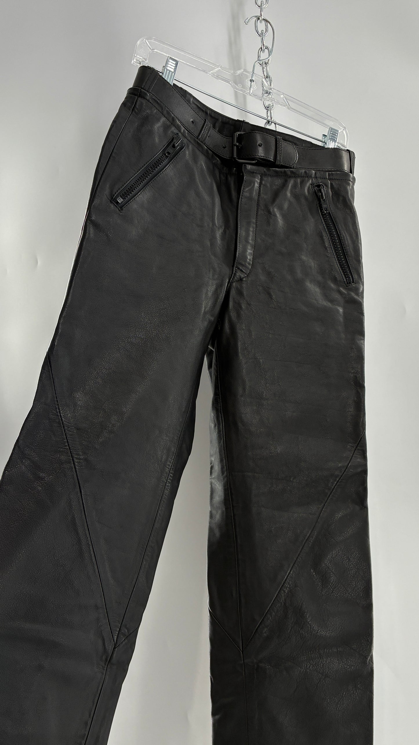 Vintage Black Italian Leather Motorcycyle Pants with Built In Belt and Zipper Detailing (XS)