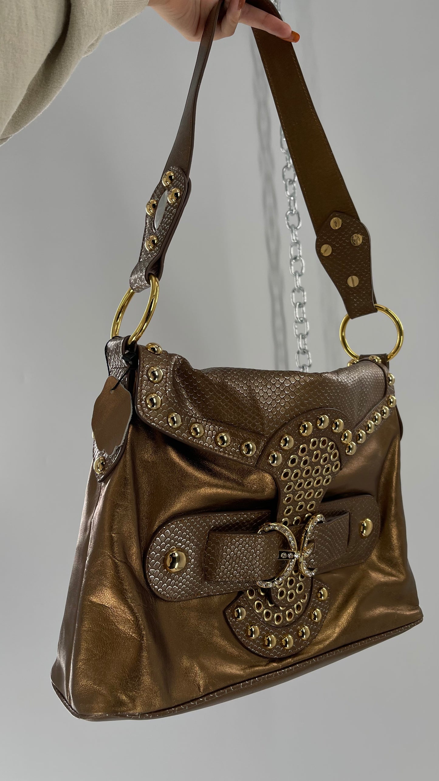 Deadstock Vintage The Find Grandeur Bronze Bag with Grommets, Gemstones, Studs and Exaggerated Buckle