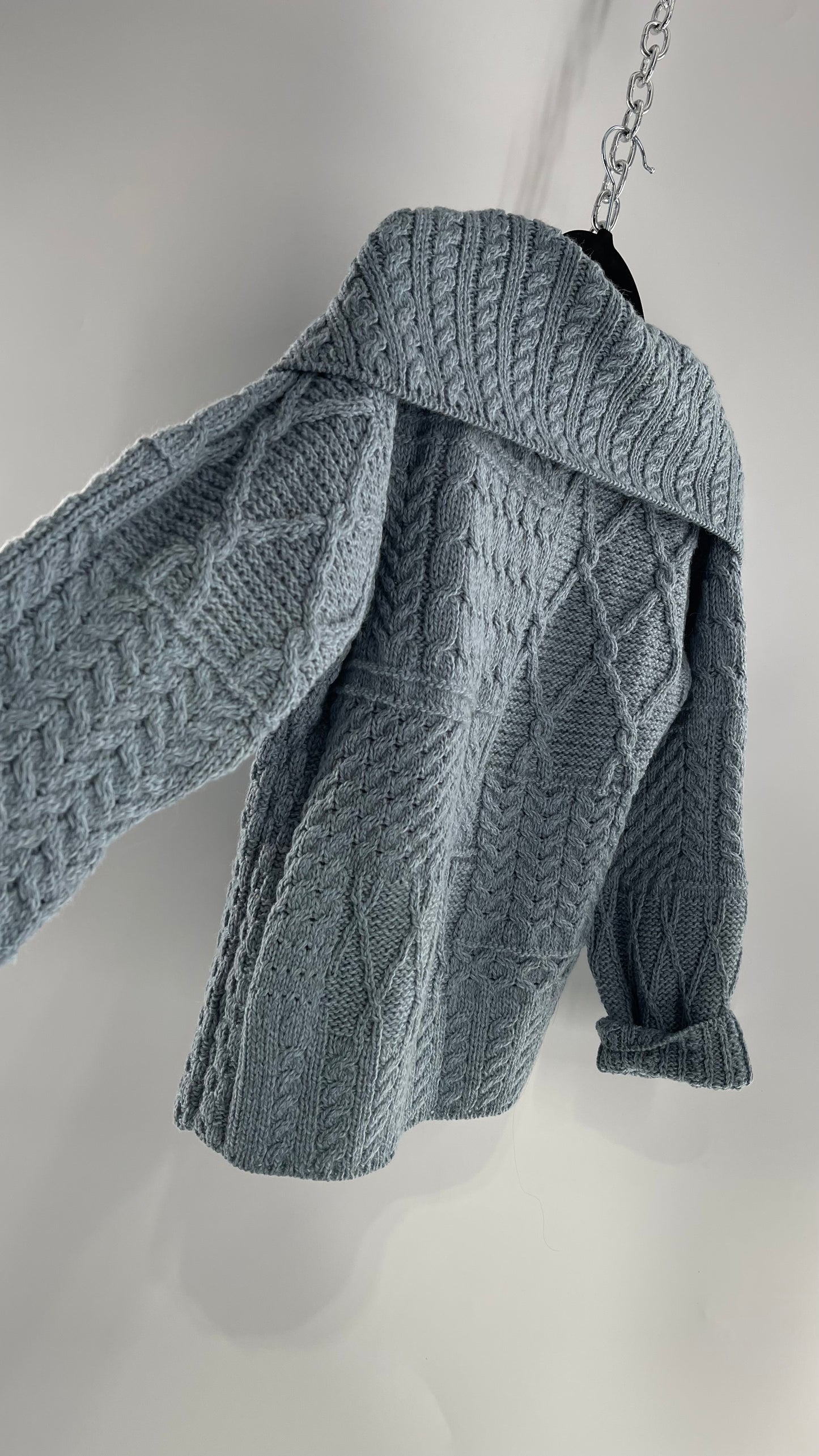 Authentic Irish Aran Sweater Market Slate Blue Aran Stitch Sweater with Oversized Wooden Button Detail and Certificate of Authenticity (Small)