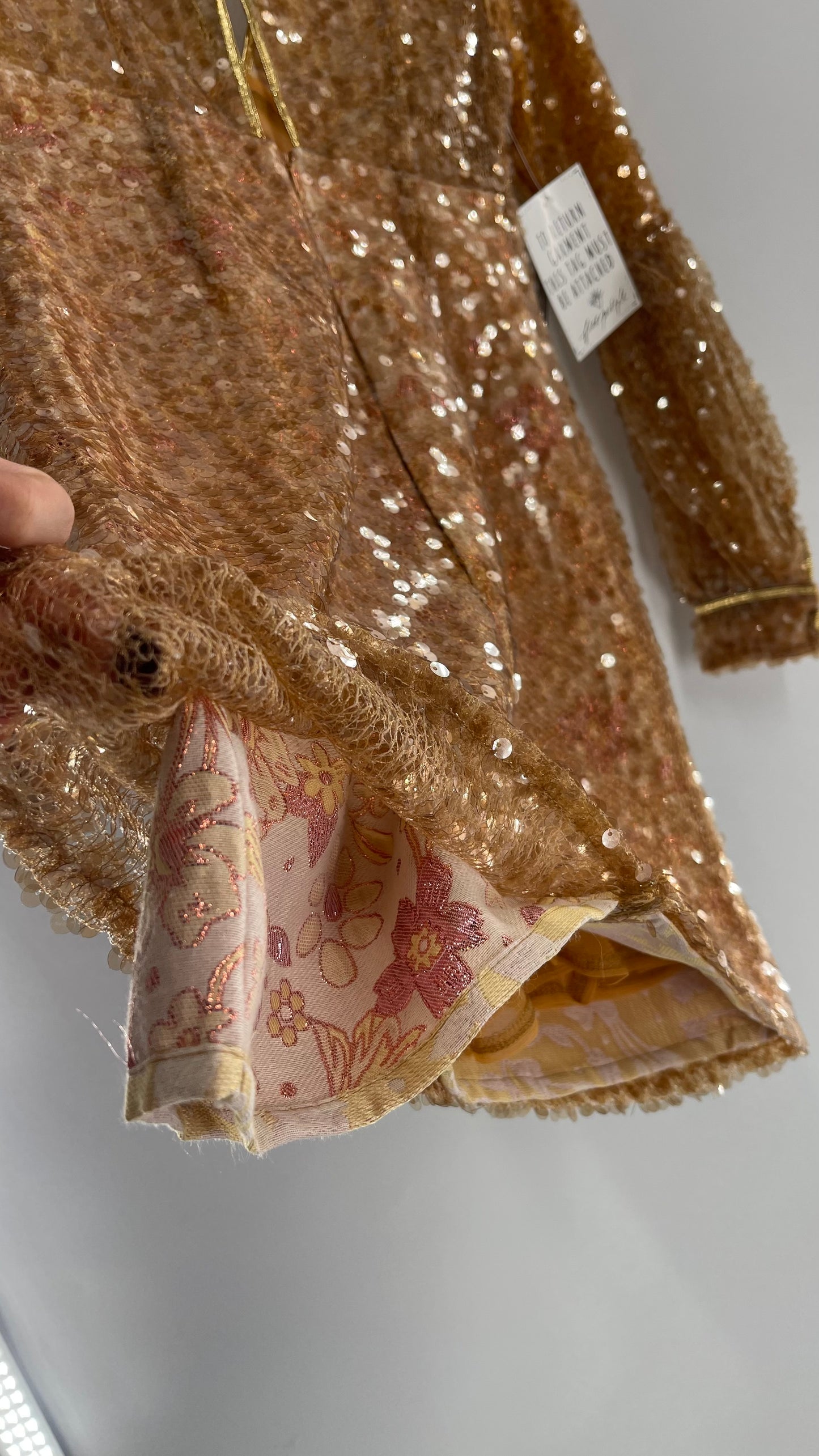 Free People Tapestry Underlay and Gold Sequin Overlay A-Line Mini Dress with Bubble Sleeves
(0)